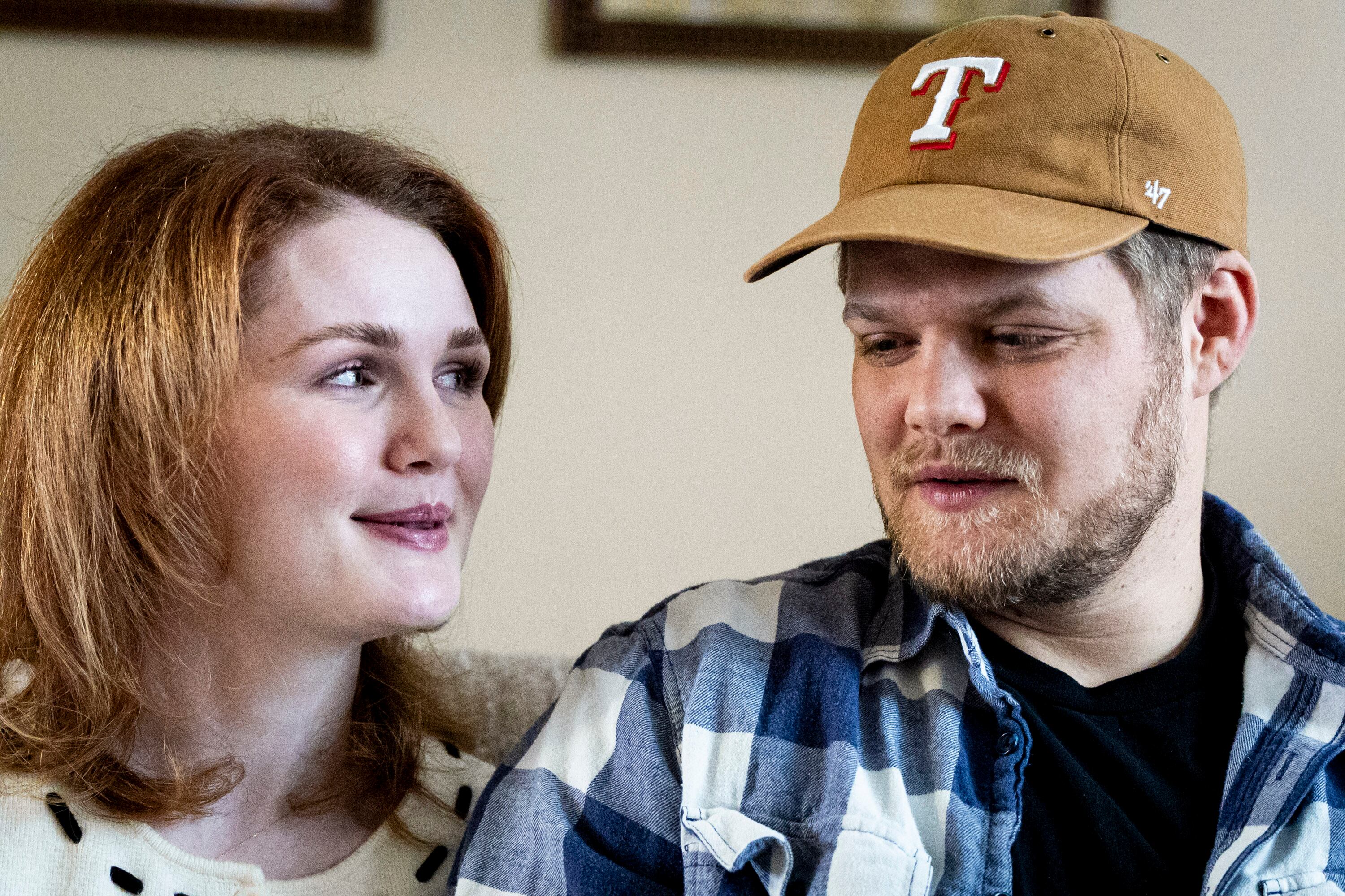 Tiffany Fransen looks to her husband, Alex, as they talk with a Deseret News reporter as they’re interviewed at their family's home in Highland on Dec. 17.