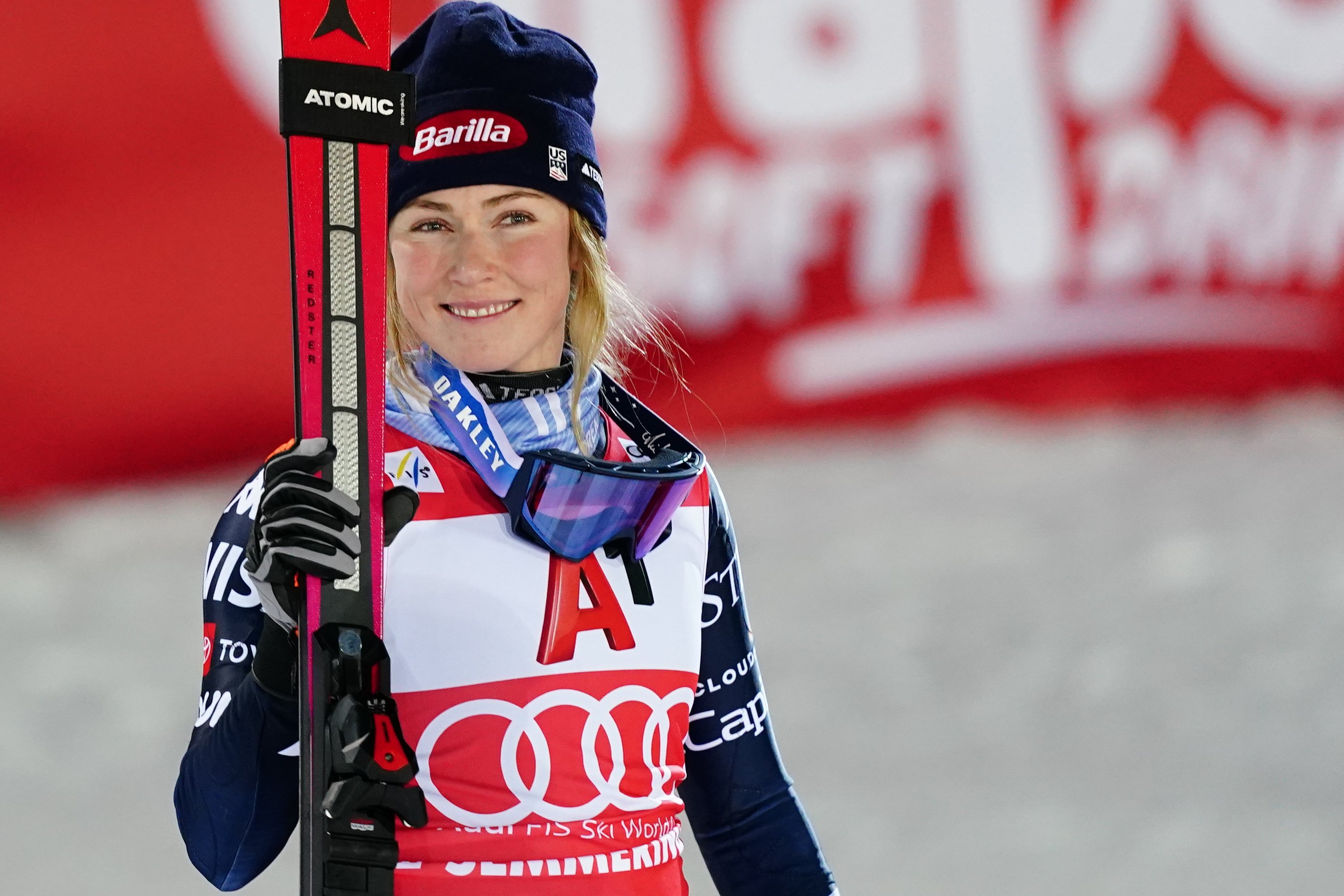 United States' Mikaela Shiffrin smiles after winning an alpine ski, women's World Cup slalom in Semmering, Austria, Sunday, Dec. 28, 2025.