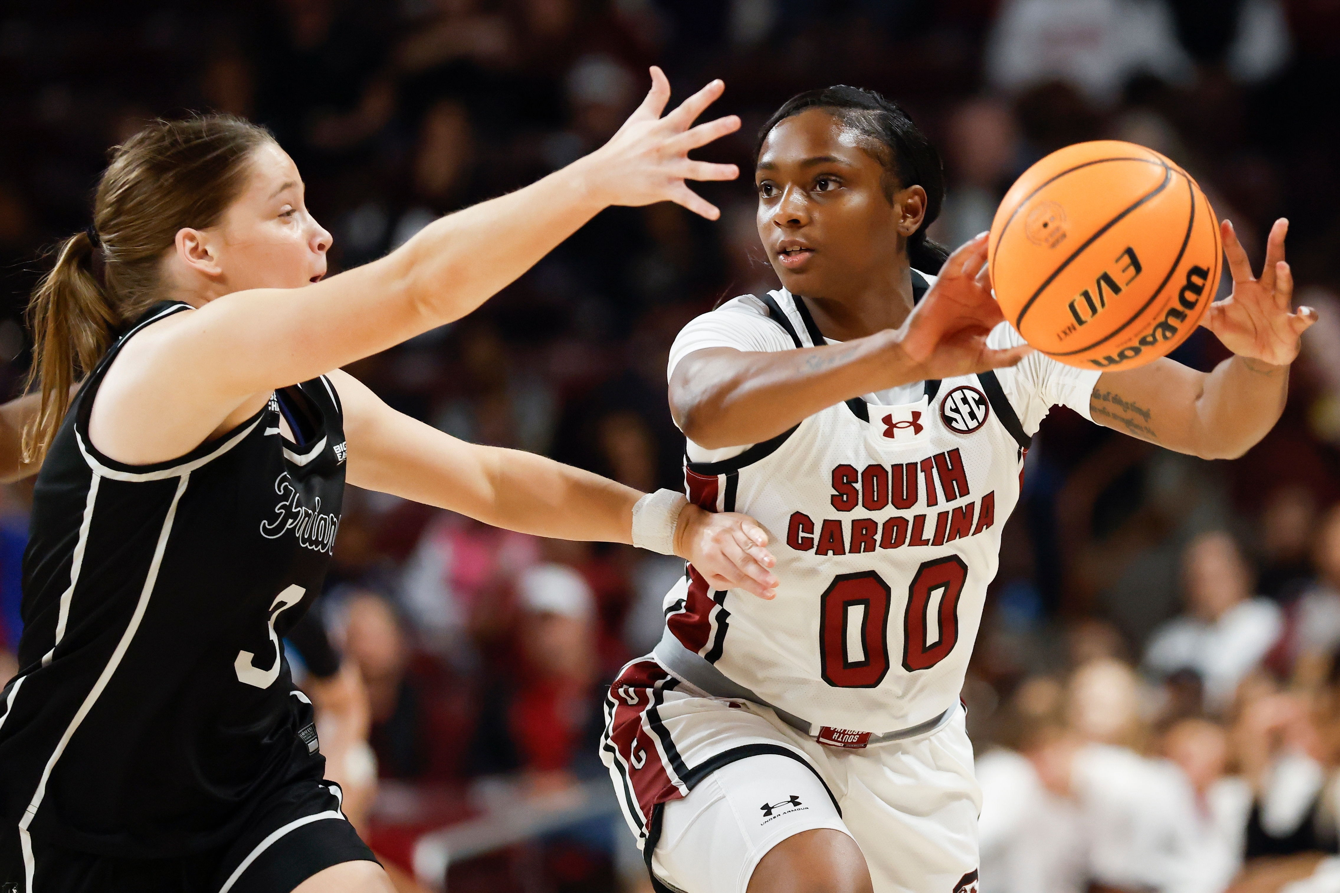 Tessa Johnson and Madina Okot score 18 points each as No. 3 South Carolina beats Providence 96-55