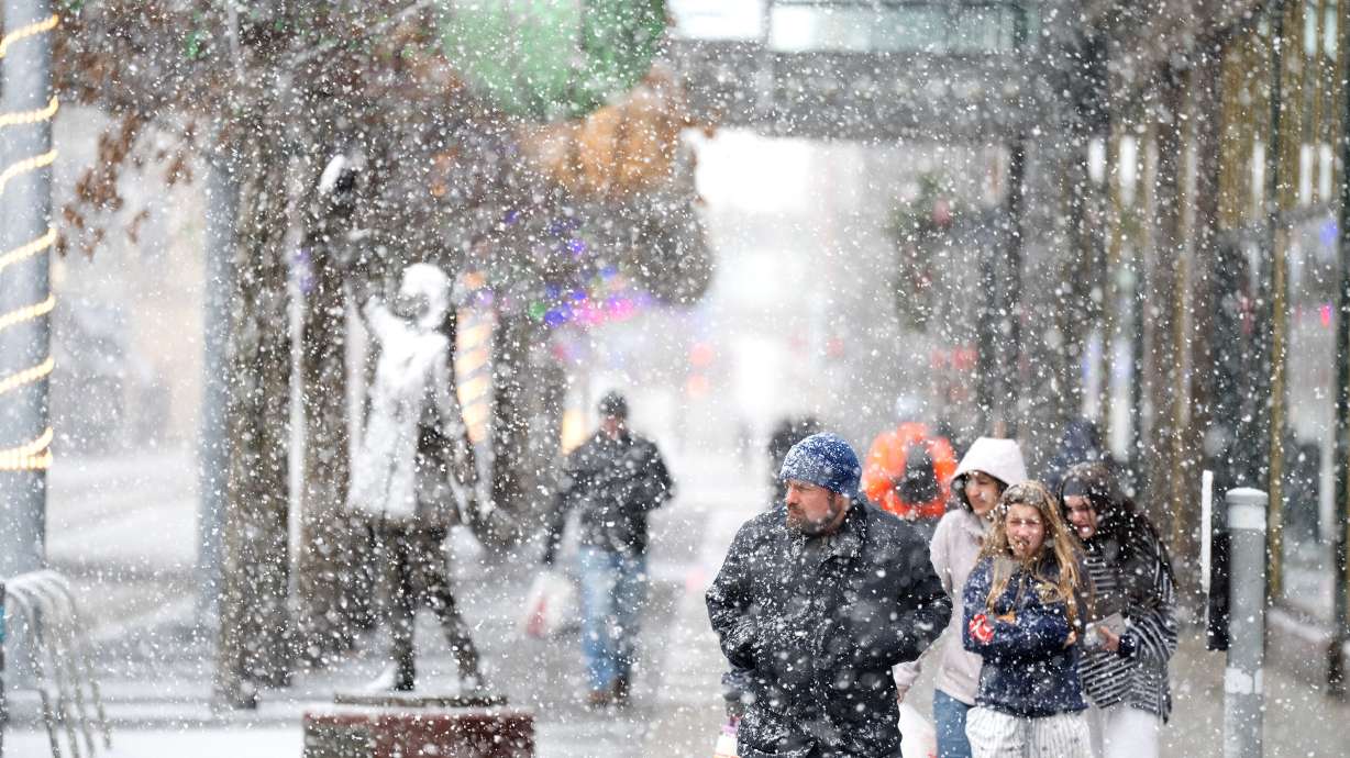 Heavy snow falls along Nicollet Mall Sunday in Minneapolis.