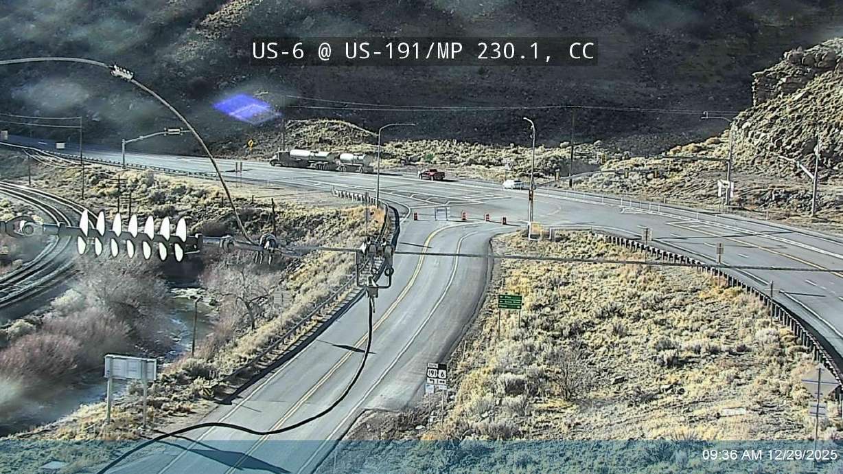 U.S. 191 near Castle Gate, Carbon County, on Monday. The highway is closed for emergency railroad maintenance.