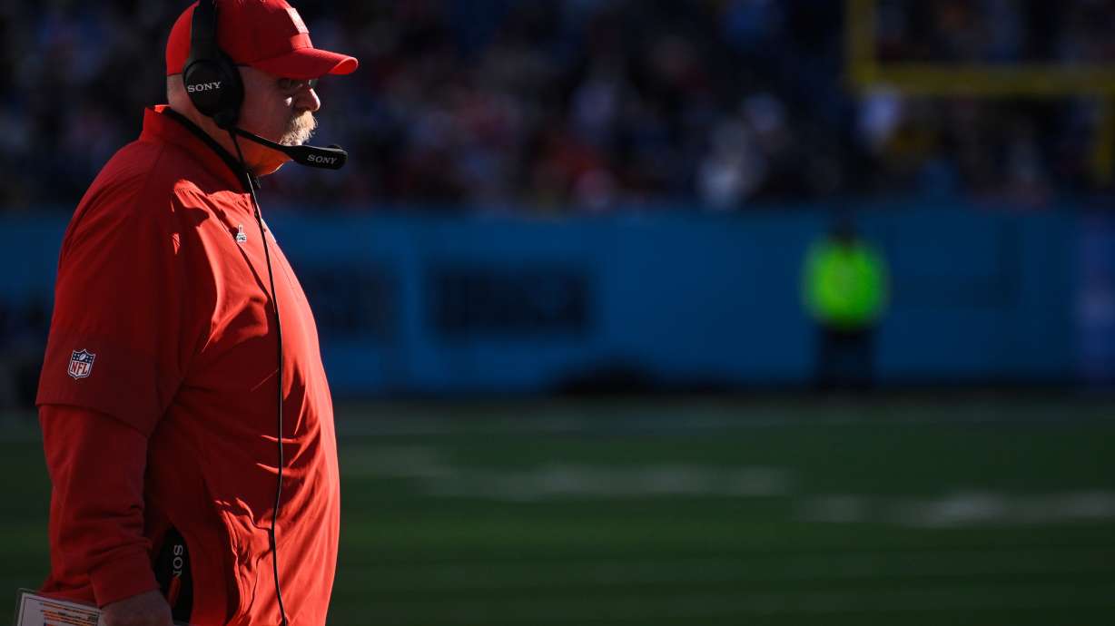 Kansas City Chiefs head coach Andy Reid watches during the second half of an NFL football game against the Tennessee Titans, Sunday, Dec. 21, 2025, in Nashville, Tenn.