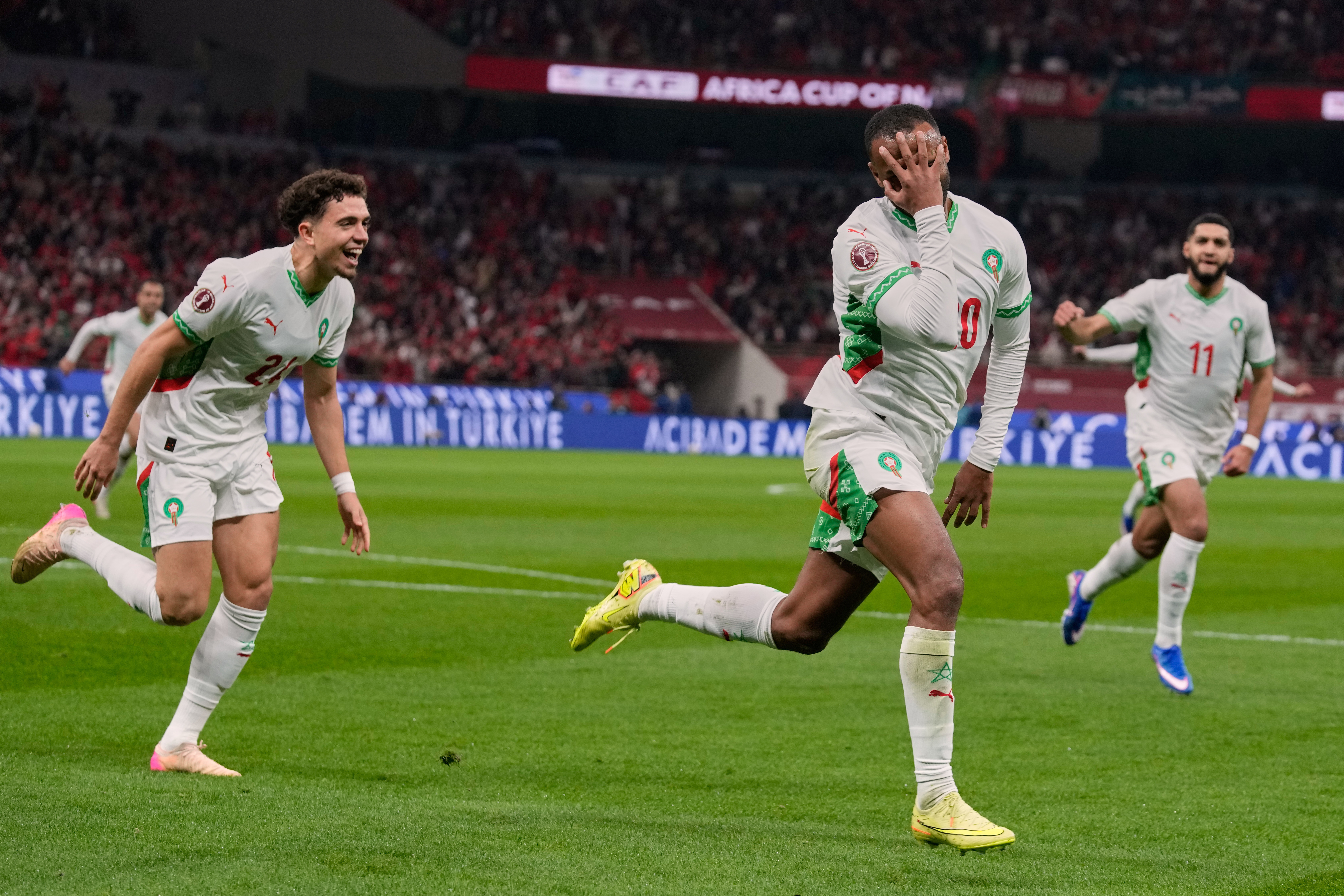 Morocco's Ayoub El Kaabi celebrates after scoring his side's first goal during the Africa Cup of Nations group A soccer match between Zambia and Morocco in Rabat, Morocco, Monday, Dec. 29, 2025.