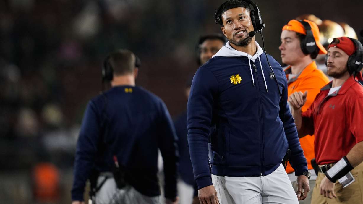 Notre Dame head coach Marcus Freeman reacts on the sideline during the second half of an NCAA college football game against Stanford, Saturday, Nov. 29, 2025, in Stanford, Calif.