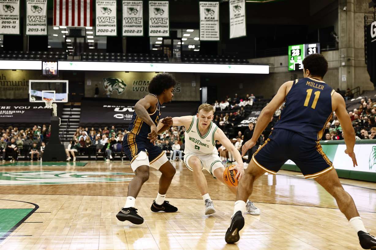Utah Valley guard Jackson Holcombe scored a career-high 25 points to lead the Wolverines to a 73-66 win over California Baptist in a WAC men's basketball game, Monday, Dec. 29, 2025 at the UCCU Center in Orem, Utah.