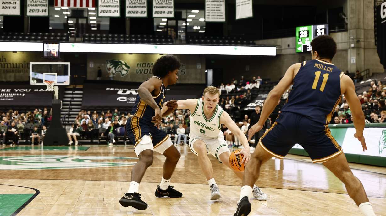Utah Valley guard Jackson Holcombe scored a career-high 25 points to lead the Wolverines to a 73-66 win over California Baptist in a WAC men's basketball game, Monday, Dec. 29, 2025 at the UCCU Center in Orem, Utah.