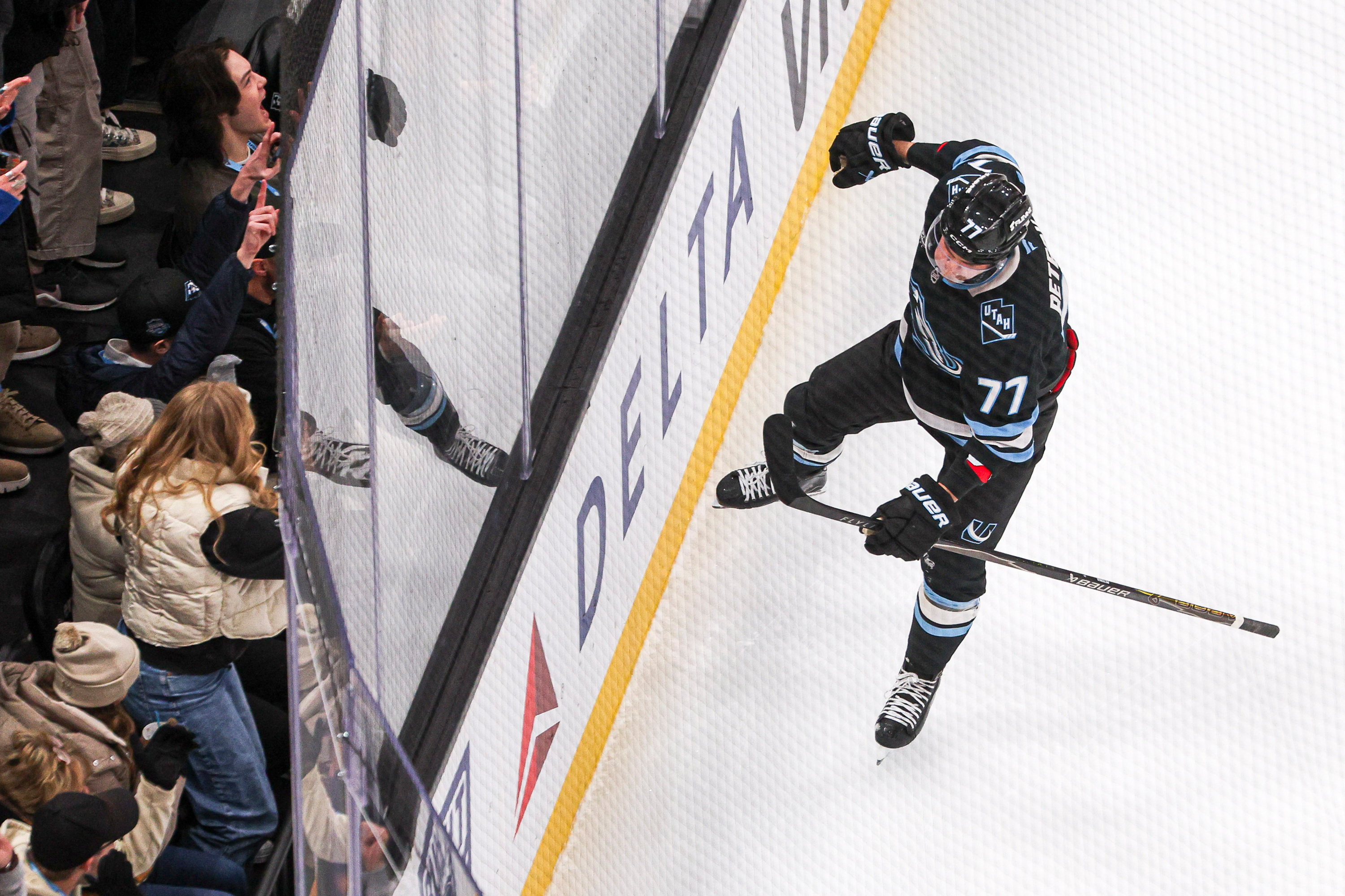 Utah Mammoth right wing JJ Peterka (77) celebrates after scoring against the Nashville Predators during the first period of an NHL game between the Utah Mammoth and the Nashville Predators at the Delta Center in Salt Lake City on Monday, Dec. 29, 2025.
