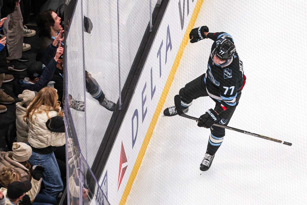 Utah Mammoth right wing JJ Peterka (77) celebrates after scoring against the Nashville Predators during the first period of an NHL game between the Utah Mammoth and the Nashville Predators at the Delta Center in Salt Lake City on Monday, Dec. 29, 2025.