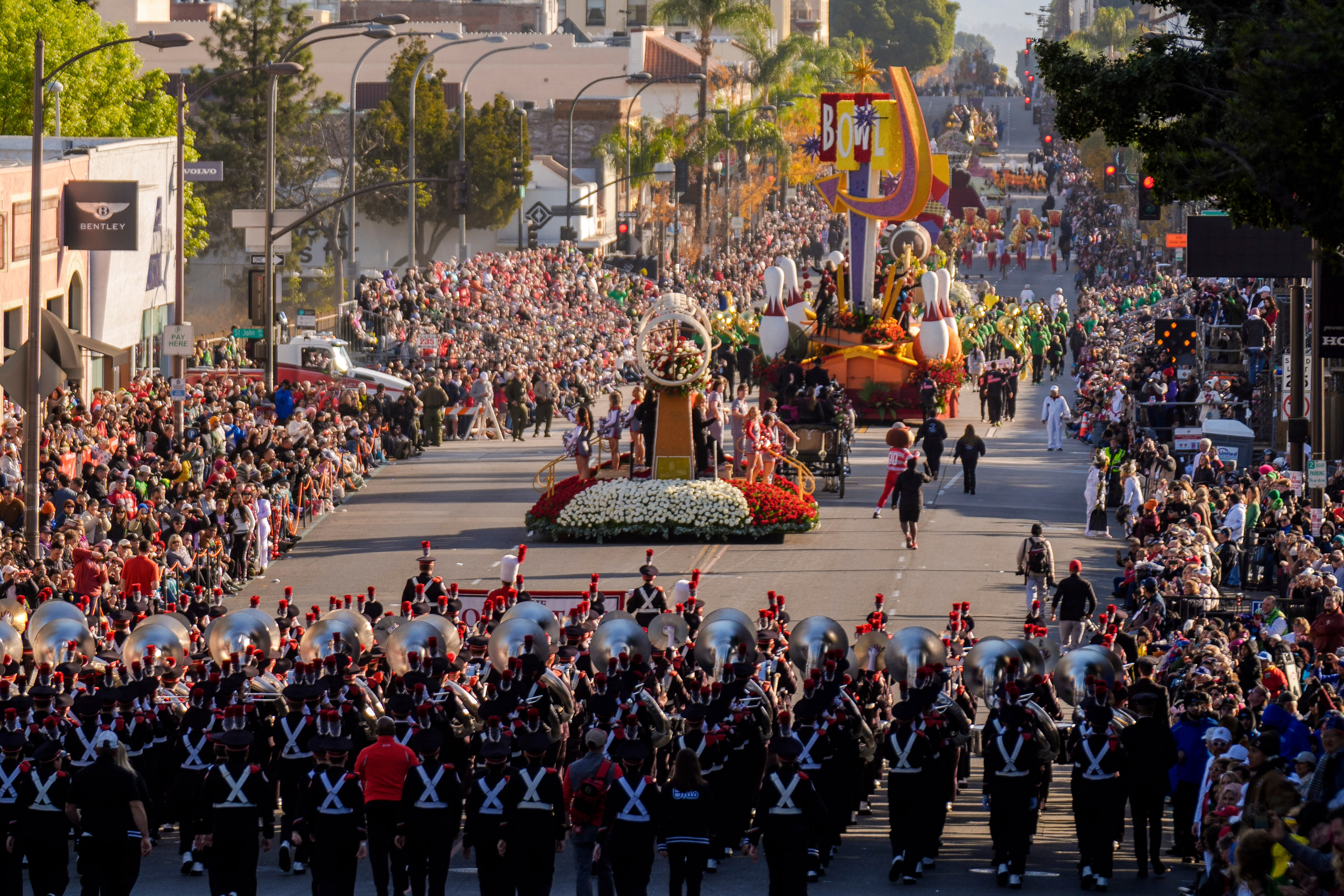 FILE - Marching bands perform along Colorado Blvd. in the 136th Rose Parade, in Pasadena, Calif., Jan. 1, 2025.