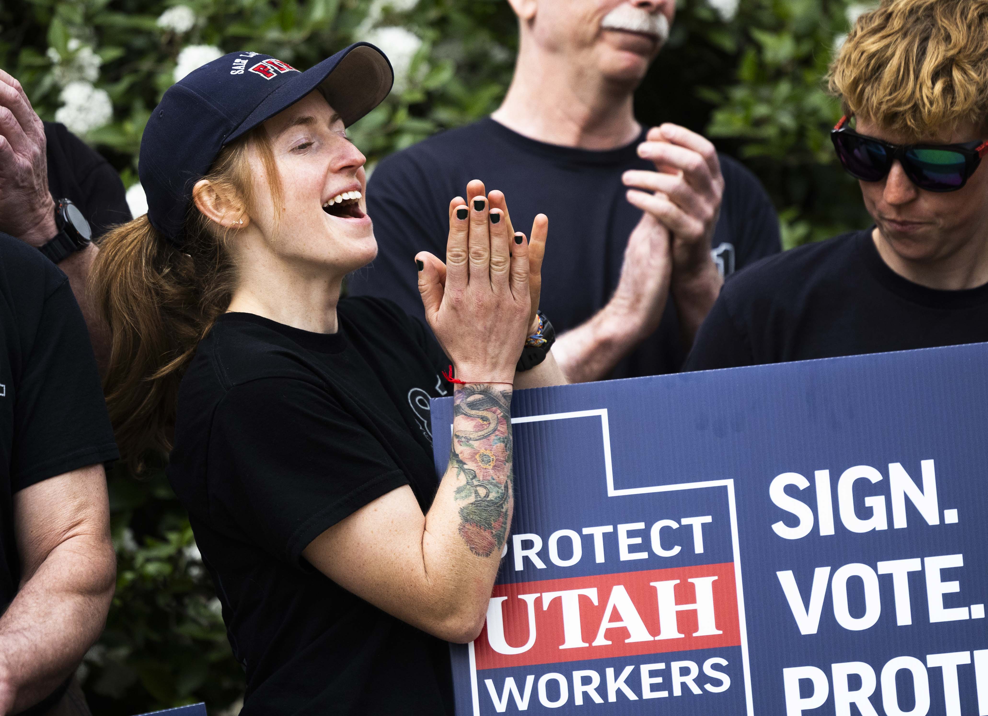 Addie Miner, a firefighter and paramedic with the Salt Lake City Fire Department, at a press conference following the submission of signatures to the Salt Lake County Clerk's Office supporting a referendum on HB267 in Salt Lake City on April 16.