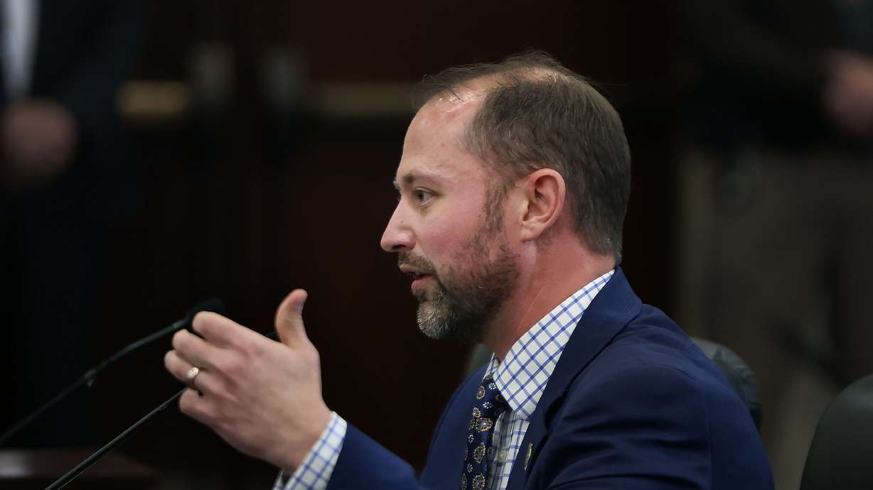 Rep. Jordan Teuscher, R-South Jordan, speaks at the Capitol in Salt Lake City on Jan. 29, 2025. Teuscher faces a Republican challenger as he runs for reelection in November.