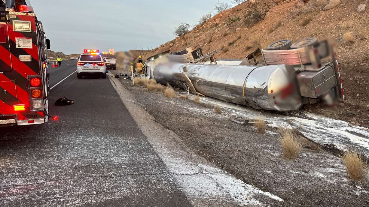 Utah Highway Patrol troopers responded to a semitruck rollover in Leeds, Washington County, on Tuesday.