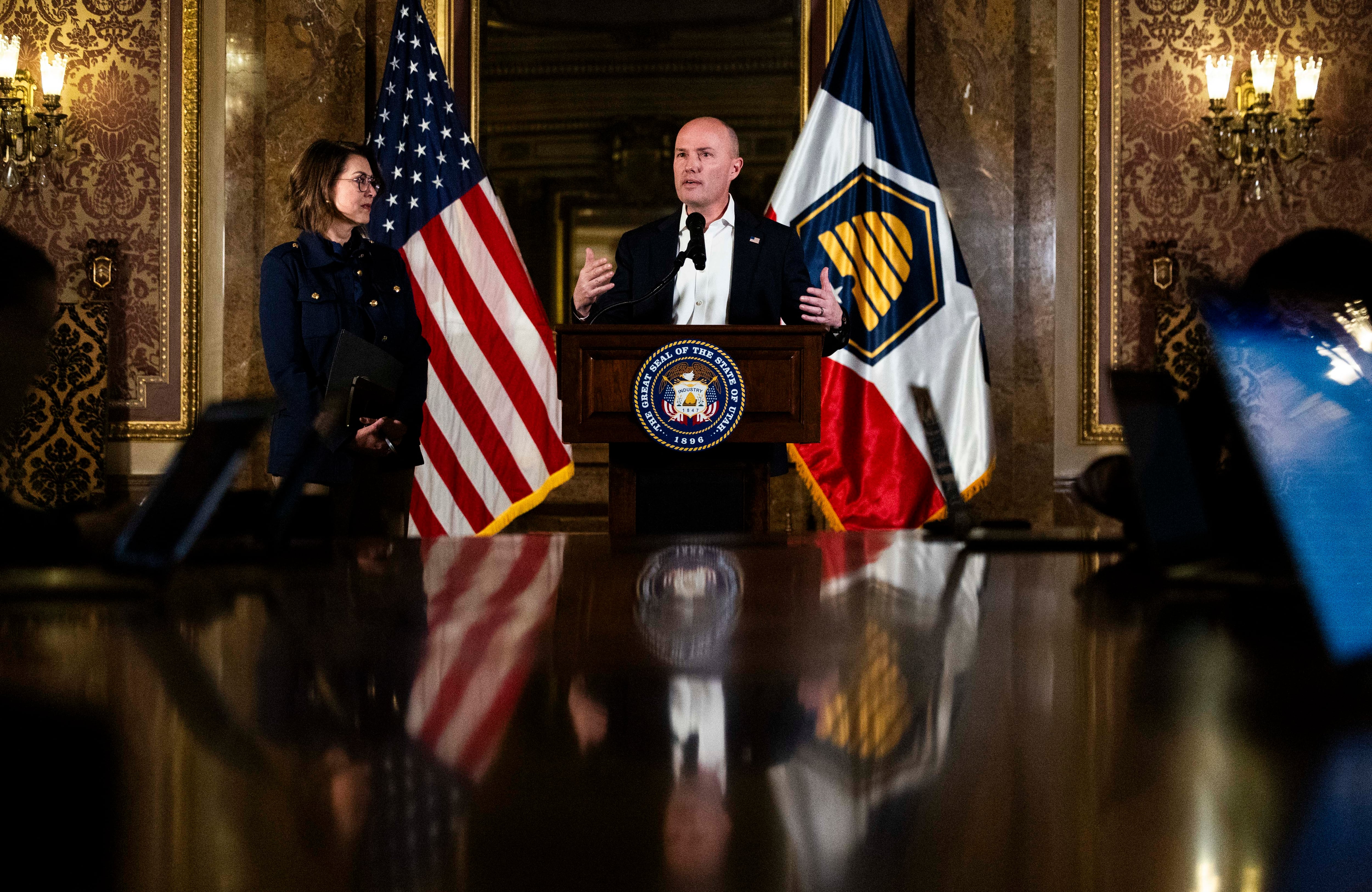 Gov. Spencer Cox speaks to the media during a press conference on the last day of the 2025 legislative session in the Gold Room of the Capitol in Salt Lake City on March 7. Cox has put himself at the center of national battles over redistricting, immigration, and more.