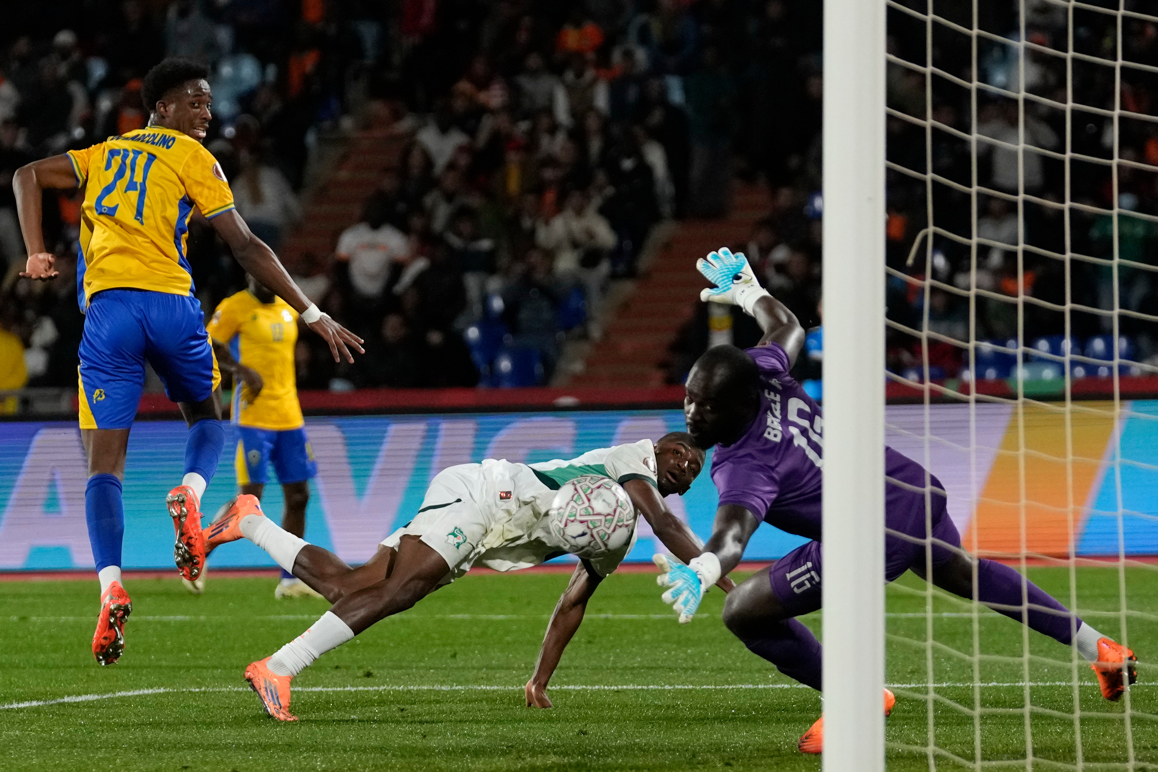 Ivory Coast's Bazoumana Touré scores during the Africa Cup of Nations group F soccer match between Gabon and Ivory Coast, in Marrakech, Morocco, Wednesday, Dec. 31, 2025.