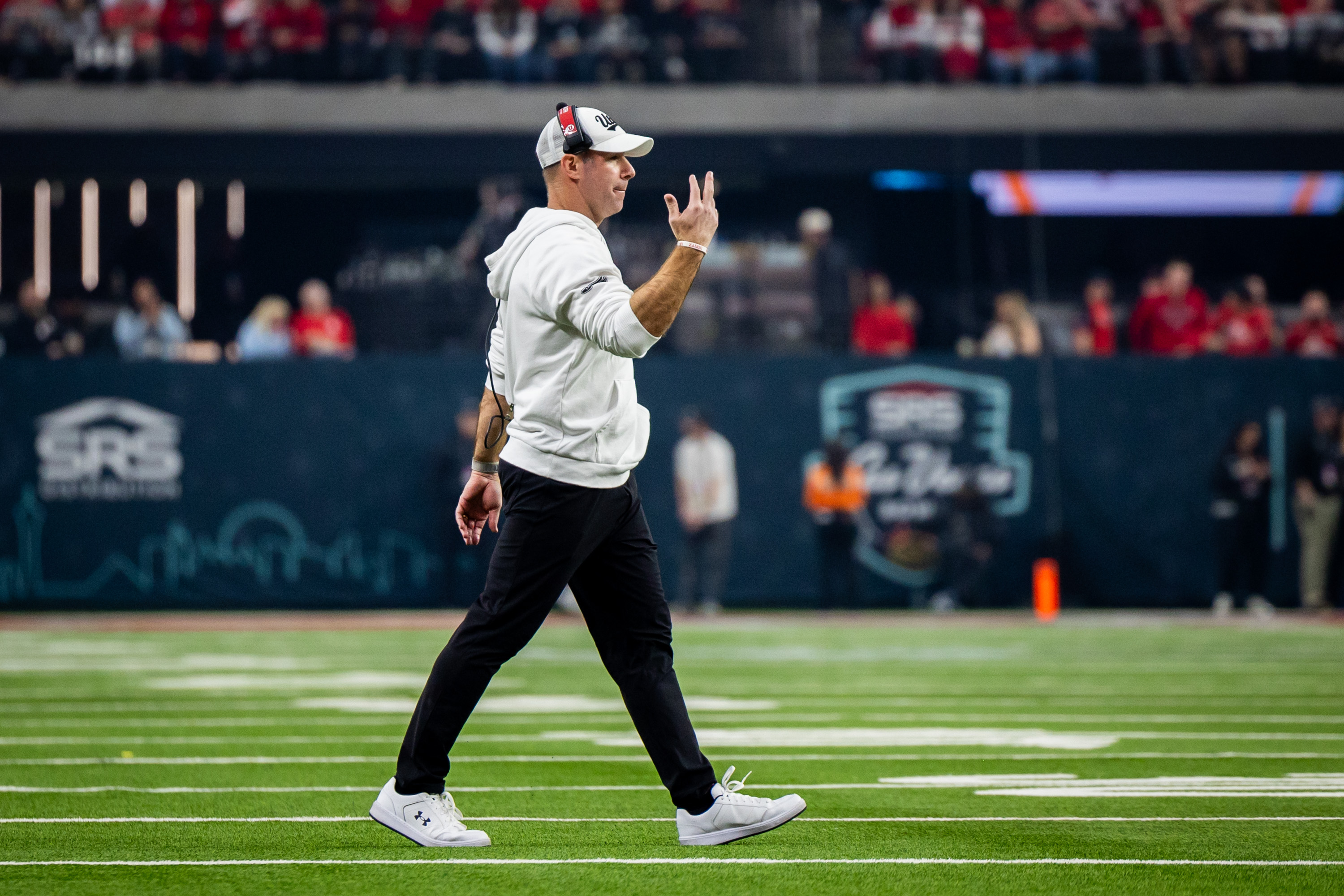 Utah Utes head coach Morgan Scalley coaches during the Las Vegas Bowl against the Nebraska Cornhuskers at Allegiant Stadium  in Las Vegas on Wednesday, Dec. 31, 2025.