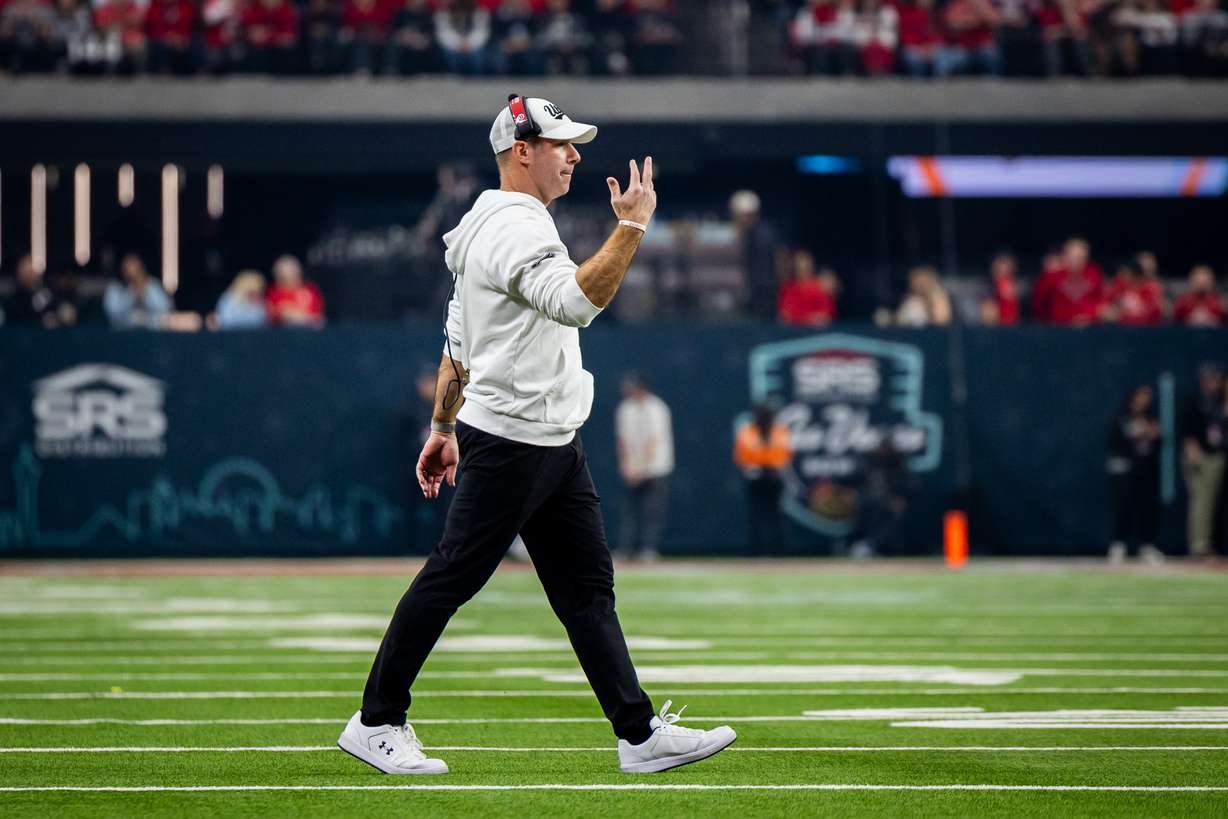 Utah Utes head coach Morgan Scalley coaches during the Las Vegas Bowl against the Nebraska Cornhuskers at Allegiant Stadium in Las Vegas on Wednesday, Dec. 31, 2025.