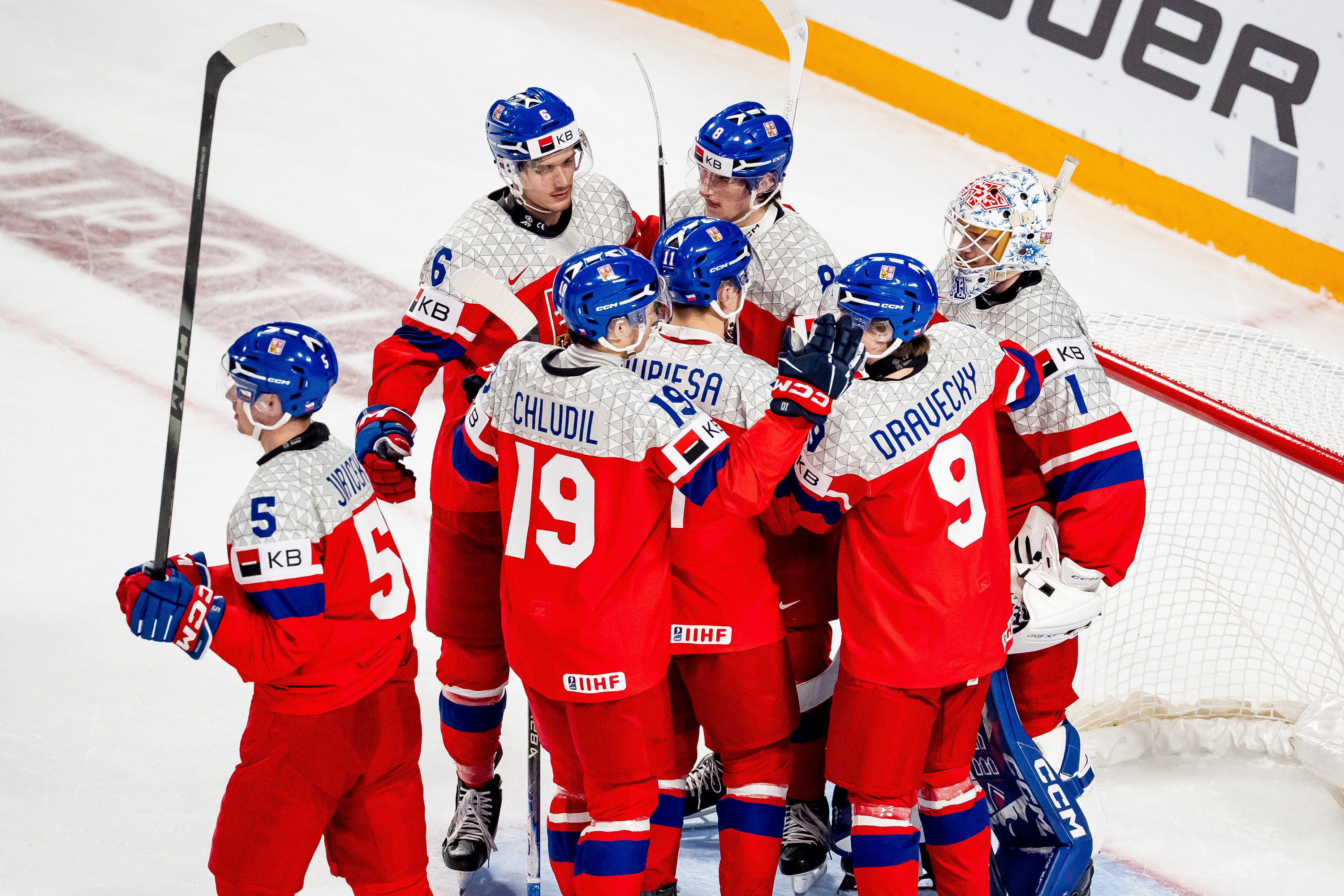 Team Czechia celebrates after defeating Latvia in IIHF World Junior Championship hockey action in Minneapolis on Wednesday, Dec. 31, 2025.