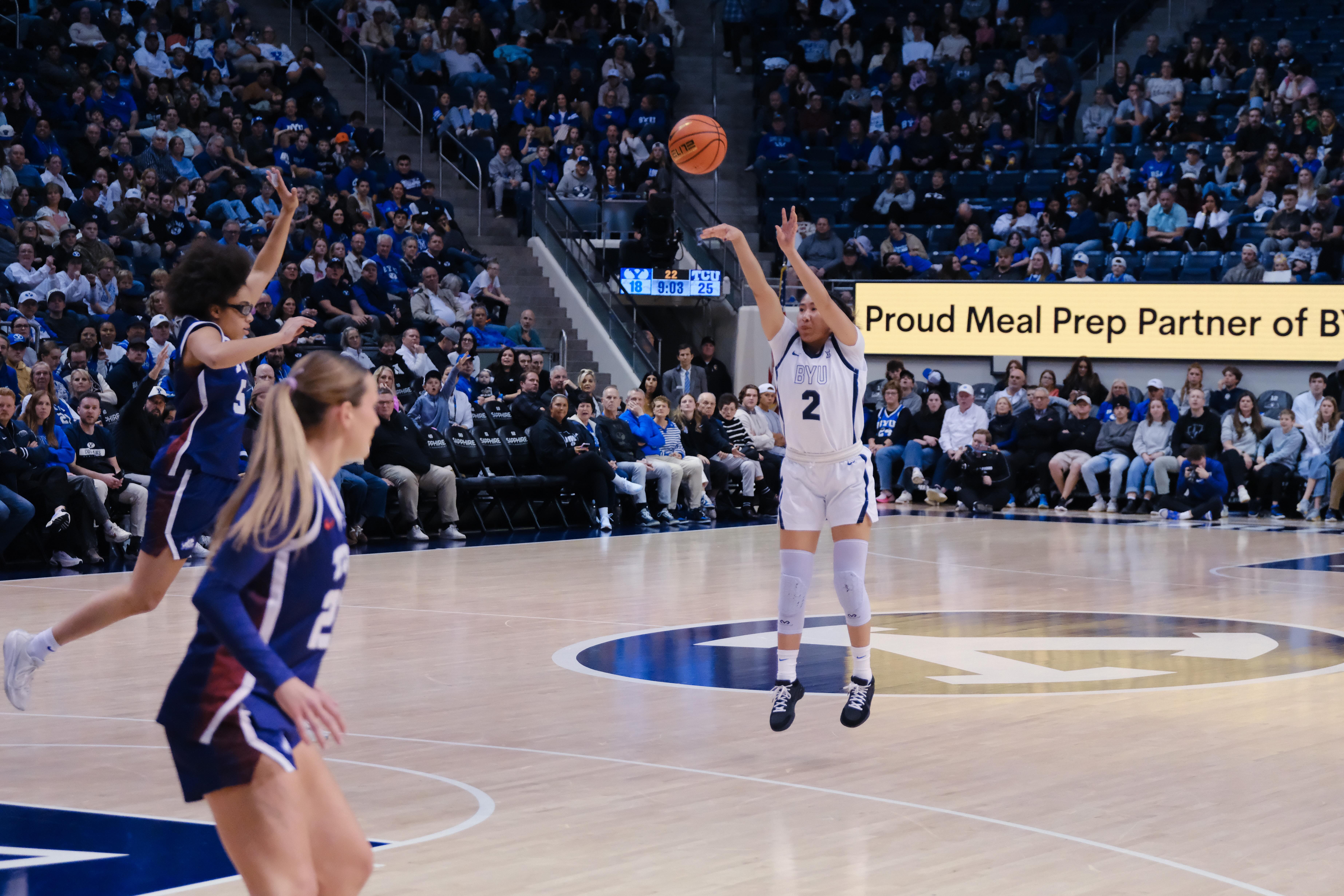 BYU's Sydney Benally (2) shoots a 3-pointer during a Big 12 women's basketball game against No. 8 TCU, Wednesday, Dec. 31, 2025 at the Marriott Center in Provo, Utah.