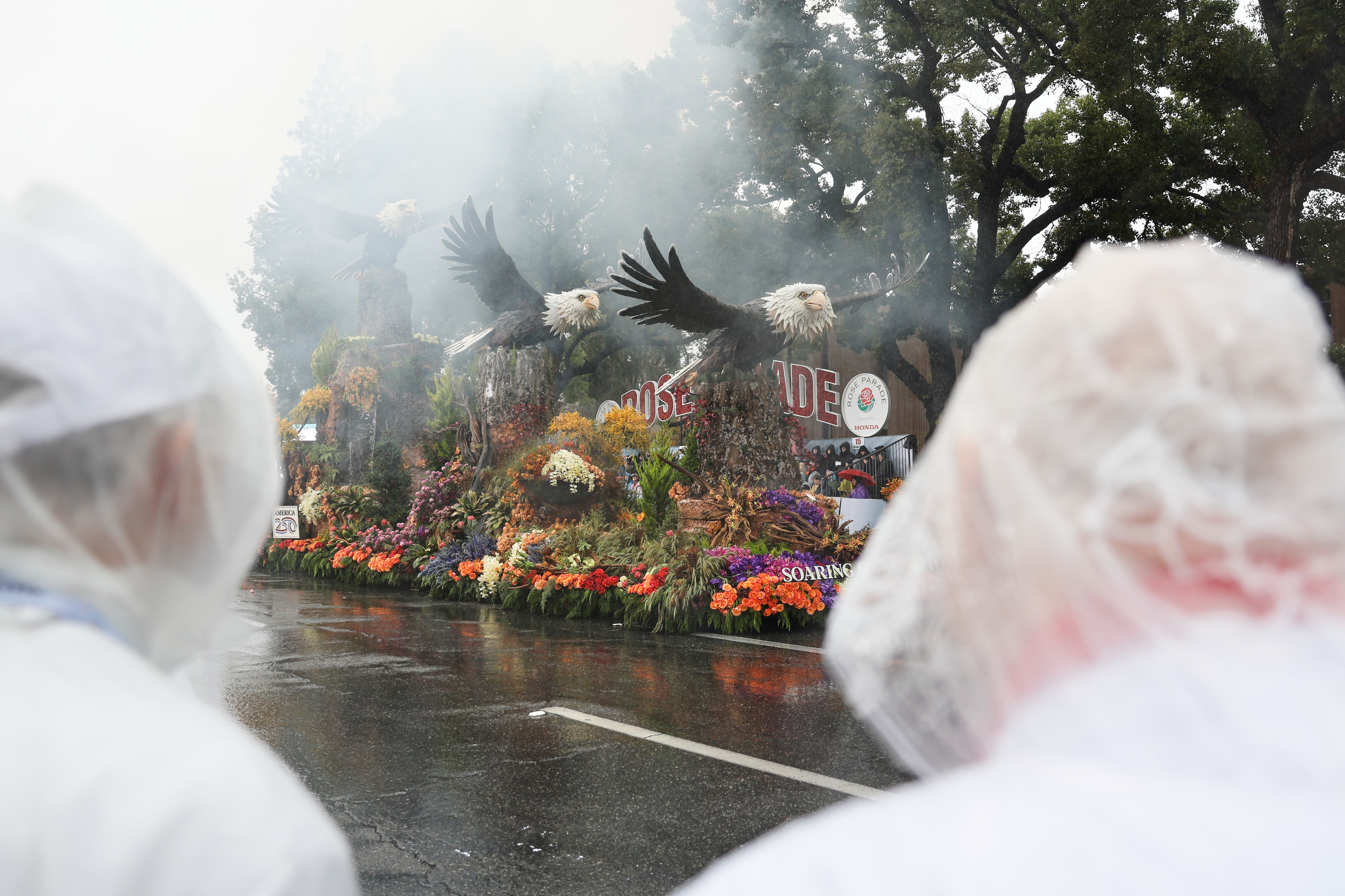 Rain comes down on a float at the 137th Rose Parade Thursday, Jan. 1, 2026, in Pasadena, Calif.