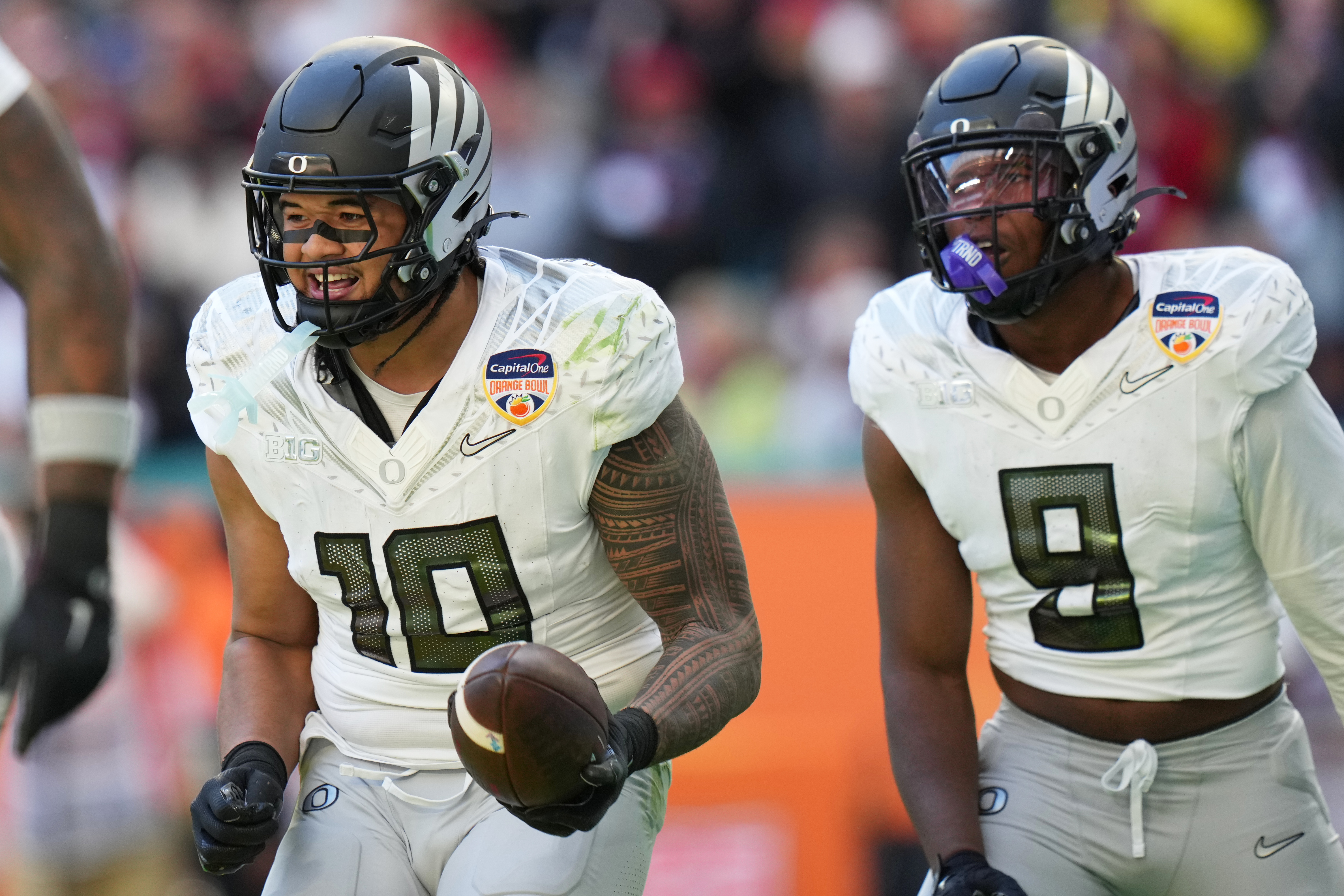 Oregon linebacker Matayo Uiagalelei (10) reacts after intercepting the football during the second half of the Orange Bowl College Football Playoff quarterfinal game against Texas Tech, Thursday, Jan. 1, 2026, in Miami Gardens, Fla.