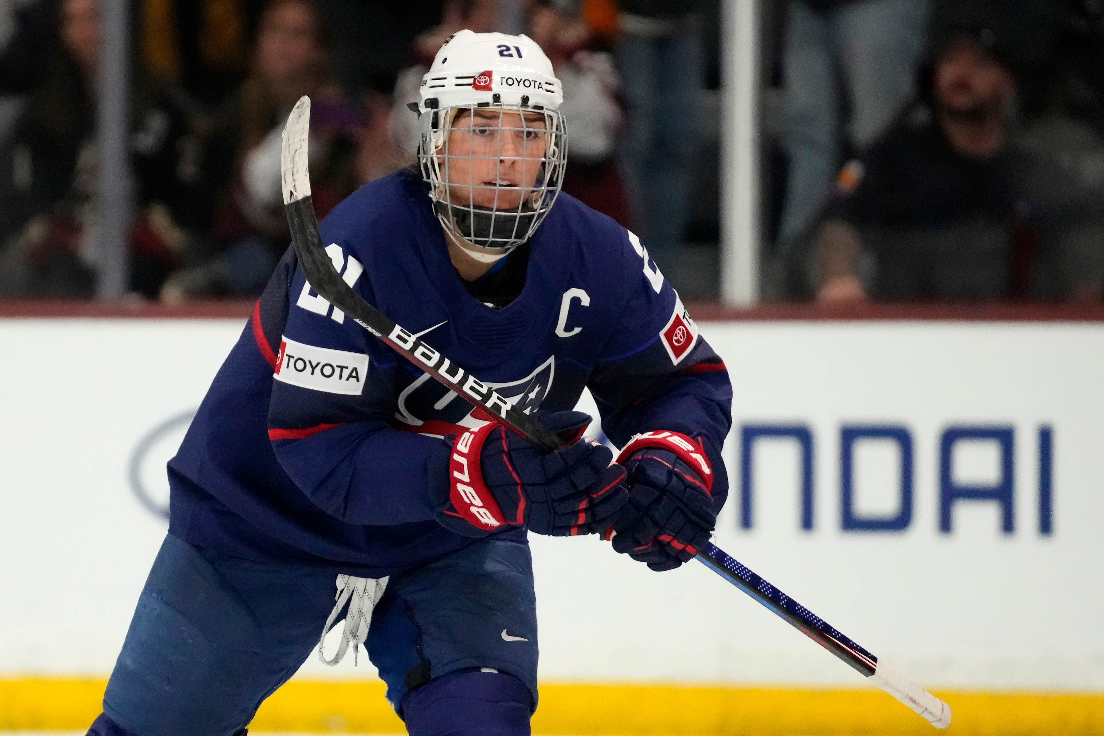FILE - United States forward Hilary Knight skates to the bench to celebrate her goal against Canada during the first period of a rivalry series women's hockey game, Nov. 8, 2023, in Tempe, Ariz.