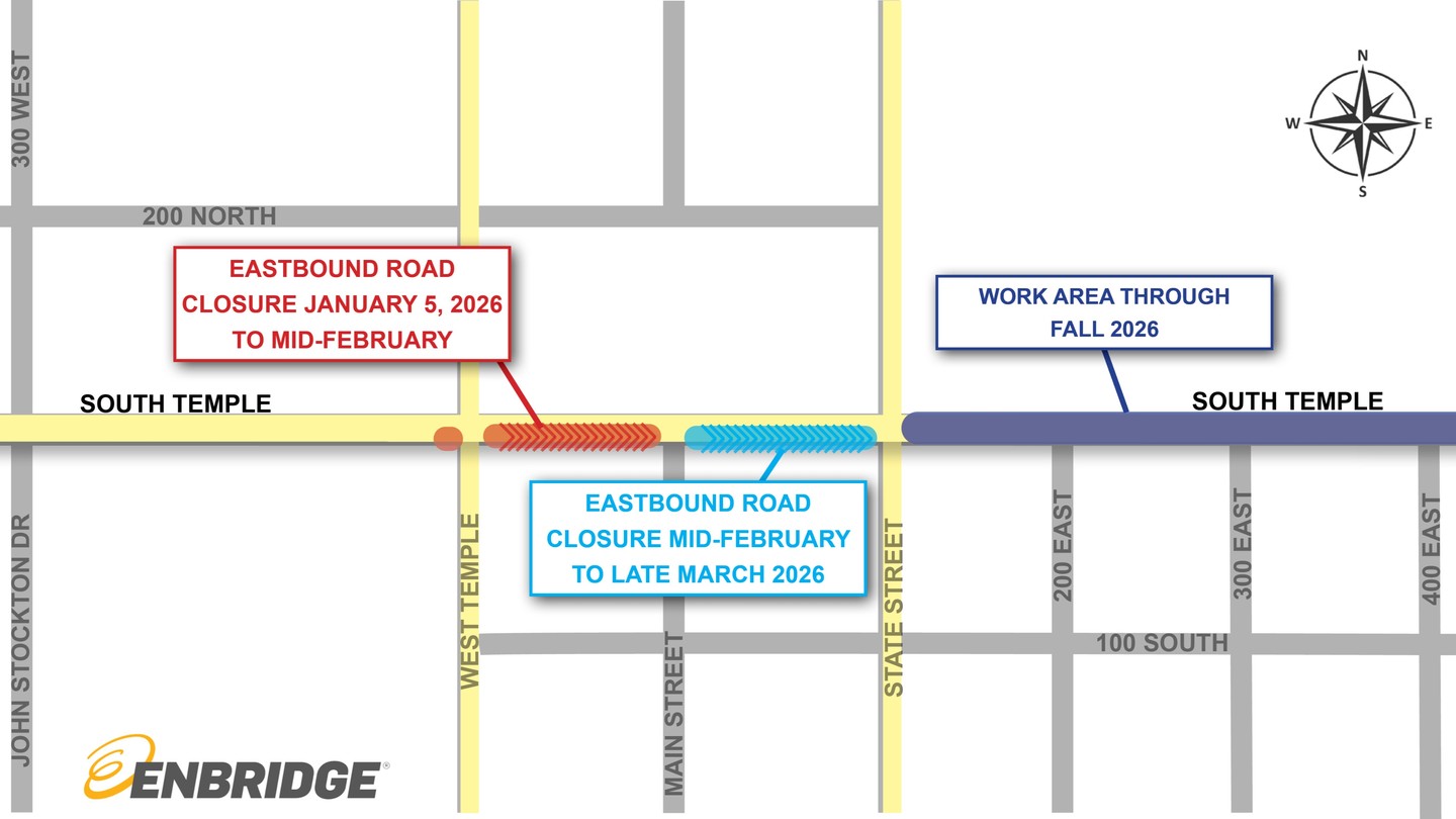 This map shows when and where natural gas line replacement will take place on South Temple in Salt Lake City throughout 2026. Construction is projected to start on Monday.