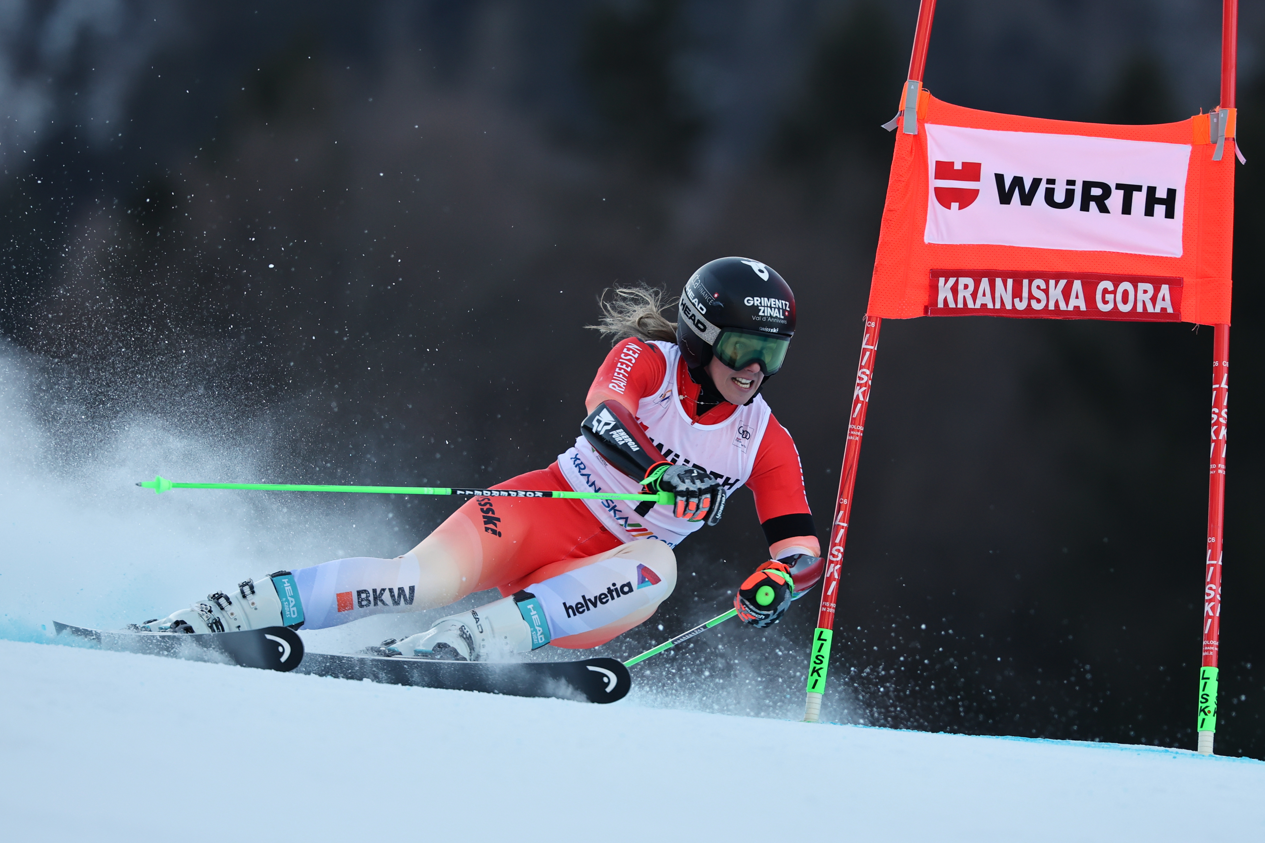 Switzerland's Camille Rast speeds down the course during an alpine ski, women¥s World Cup giant slalom in Kranjska Gora, Slovenia, Saturday, Jan. 3, 2026.