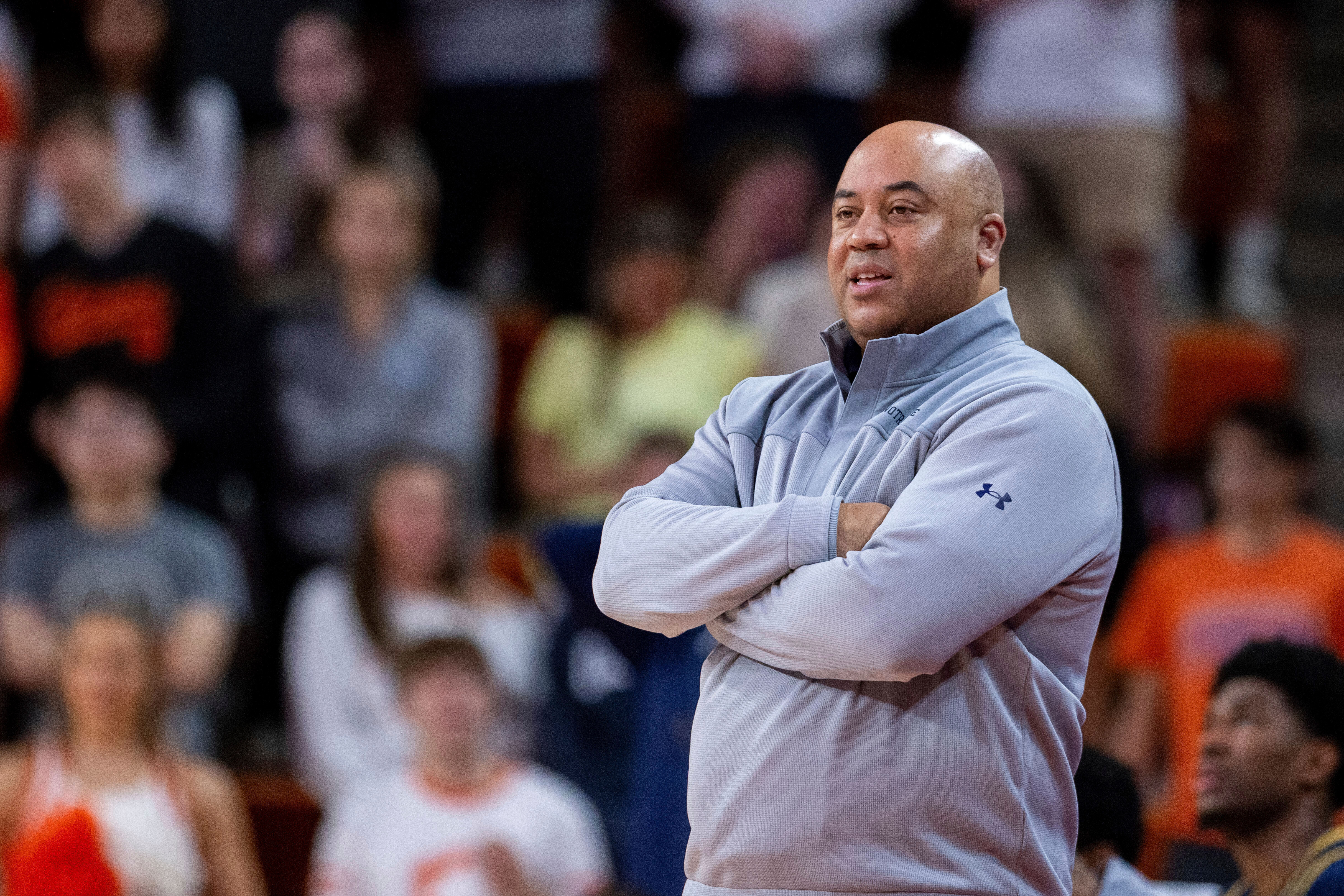 FILE-Notre Dame head coach Micah Shrewsberry looks on during the first half of an NCAA college basketball game against Clemson, Wednesday, Feb. 26, 2025, in Clemson, S.C.