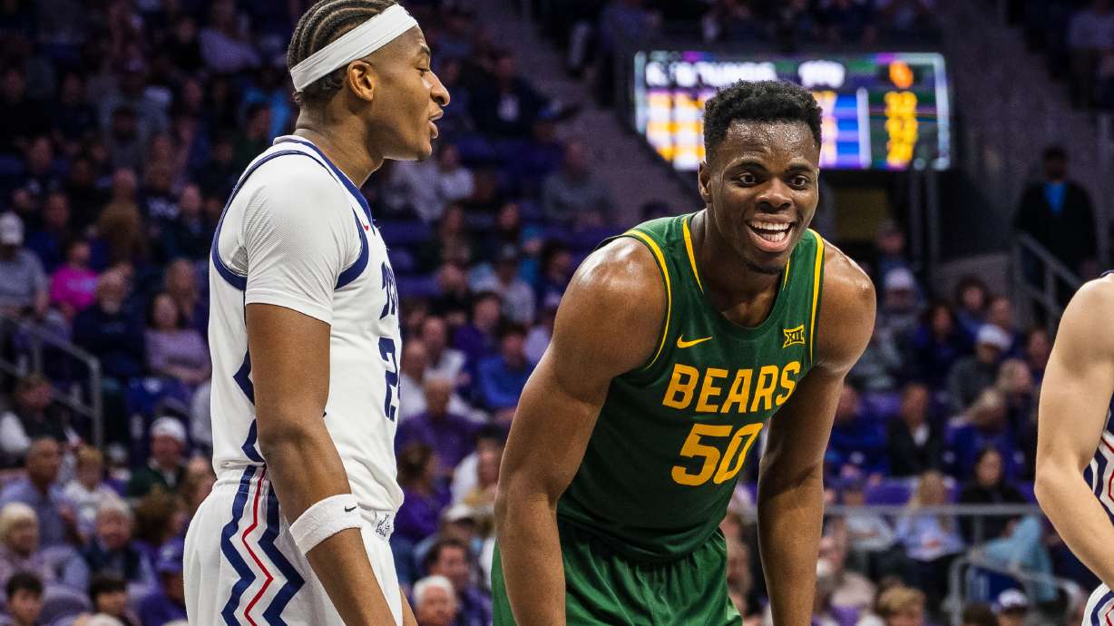 Baylor center James Nnaji (50) and Texas Christian University forward Xavier Edmonds (left) laugh during an NCAA college basketball game, Saturday, Jan. 3, 2026, Fort Worth, Texas.