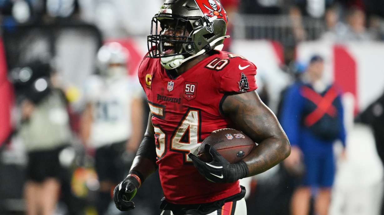 Tampa Bay Buccaneers linebacker Lavonte David (54) celebrates after recovering a fumble by Carolina Panthers running back Rico Dowdle during the second half of an NFL football game Saturday, Jan. 3, 2026, in Tampa, Fla.