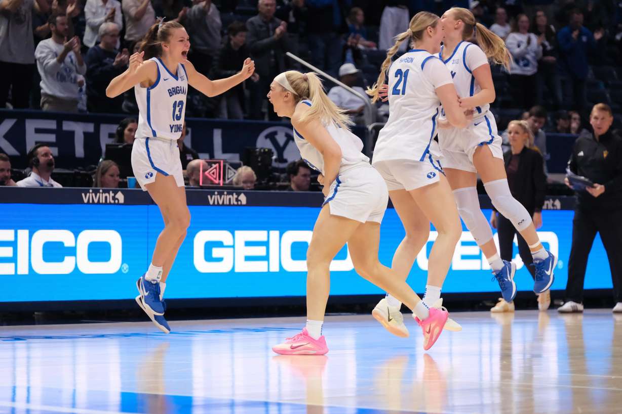 BYU guard Marya Hudgins celebrates after a win during a Big 12 women's basketball game against Arizona State, Saturday, Jan. 3, 2025 at the Marriott Center in Provo, Utah.