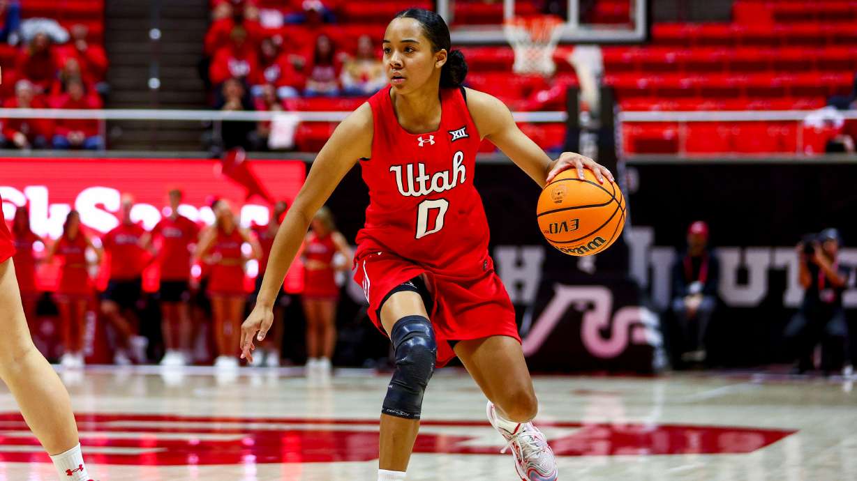 Utah guard Lani White (0) moves the ball during the first half of a women’s basketball game against the TCU Horned Frogs at the Huntsman Center in Salt Lake City on Saturday, Jan. 3, 2026.
