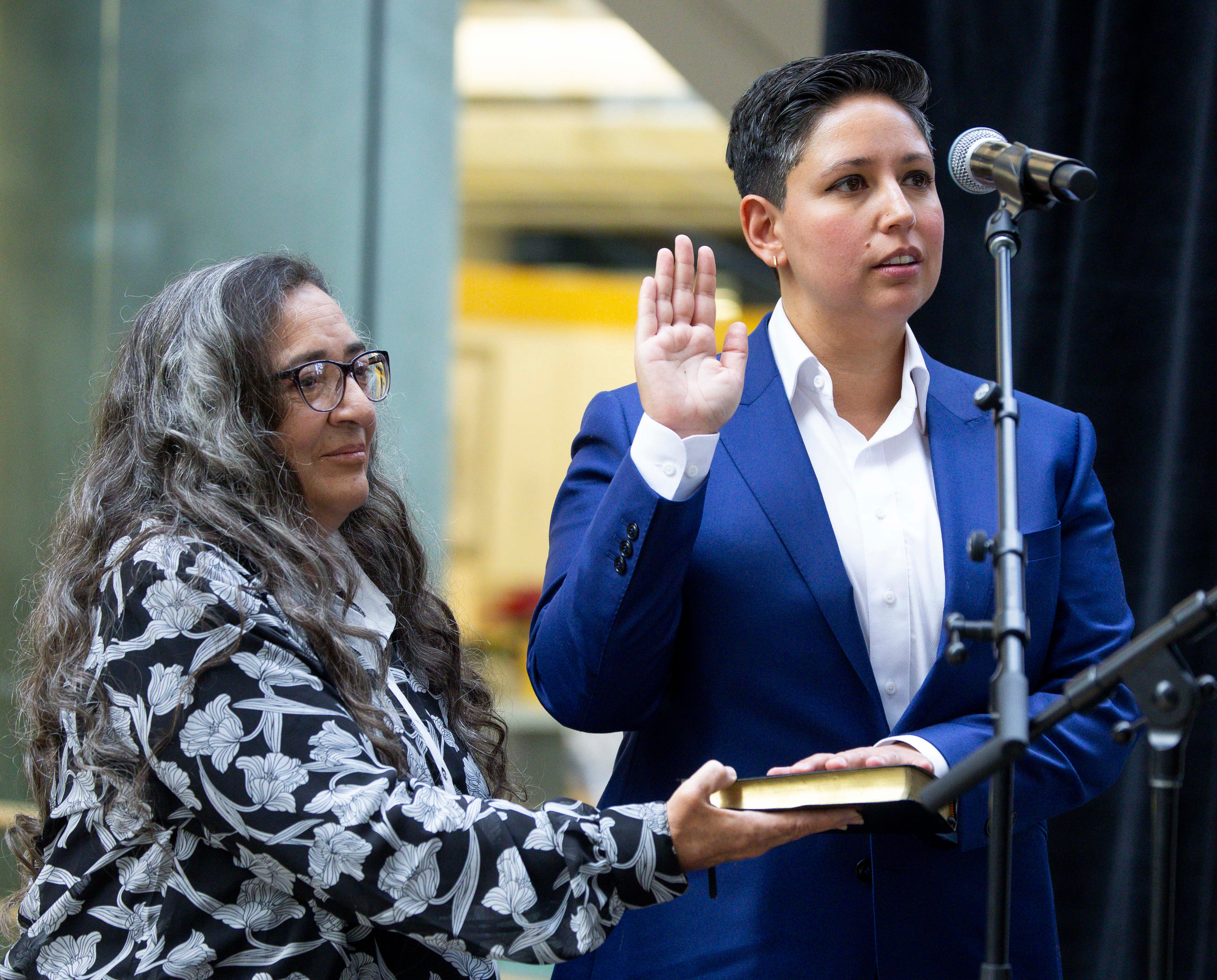 Salt Lake City Councilwoman Erika Carlsen, who will represent District 5, takes the oath of office during an inauguration event at the Salt Lake City Public Library in Salt Lake City on Monday.