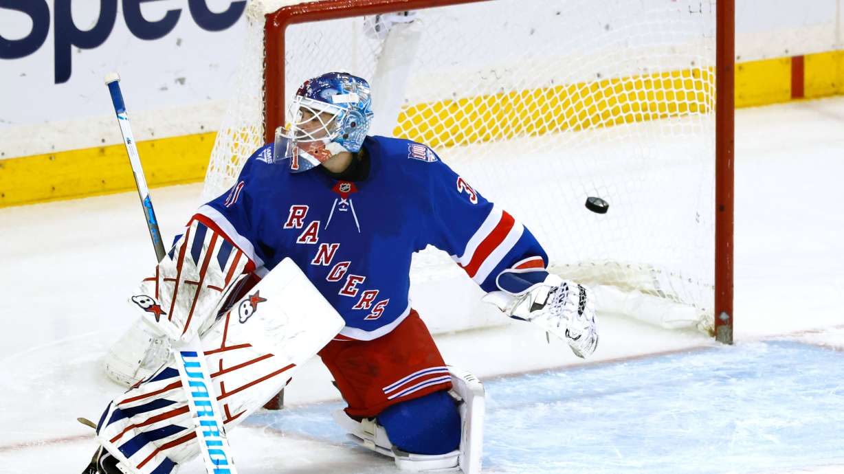 A puck shot by Anaheim Ducks left wing Cutter Gauthier (not shown) gets by New York Rangers goaltender Igor Shesterkin for a goal during the third period of an NHL hockey game, Monday, Dec 15, 2025, in New York.