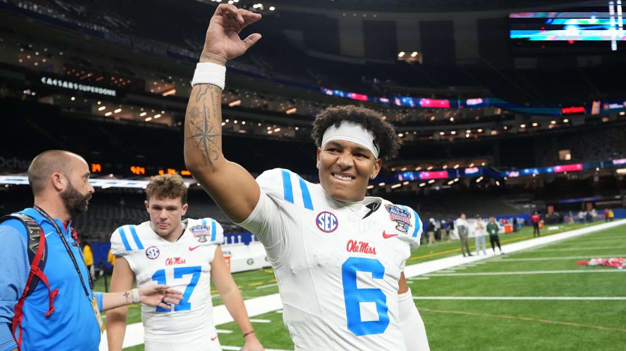 Mississippi quarterback Trinidad Chambliss (6) celebrates after the Sugar Bowl NCAA college football playoff quarterfinal game against Georgia in New Orleans, Thursday, Jan. 1, 2026.