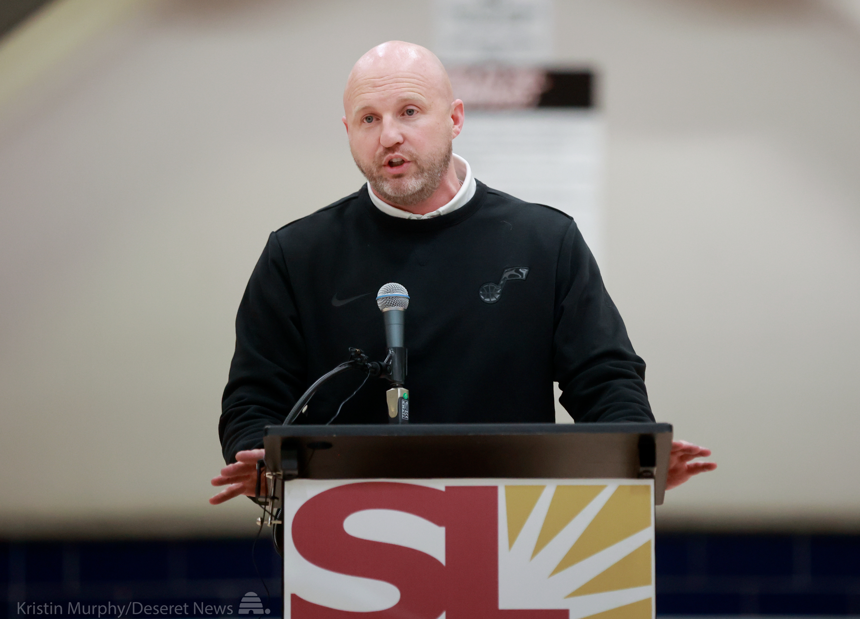 Chris Barney, Utah Jazz revenue and commercial strategy president, speaks during a ribbon-cutting ceremony for a refurbished basketball court, funded by Delta Airlines in partnership with the Utah Jazz, at the Northwest Recreation Center in Salt Lake City on Monday.