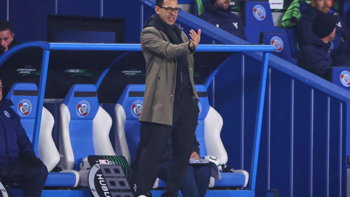 FILE -Strasbourg's head coach Liam Rosenior gestures from the touchline during the Europa Conference League opening phase soccer match between Strasbourg and Crystal Palace in Strasbourg, France, Nov. 27, 2025.