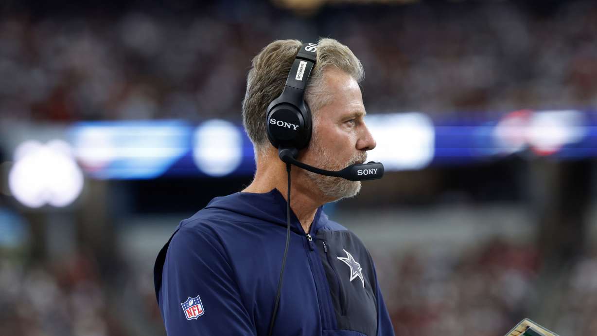 FILE - Dallas Cowboys defensive coordinator Matt Eberflus on the sidelines during a NFL football game against the Washington Commanders on Sunday, Oct. 19, 2025, in Arlington, Texas.