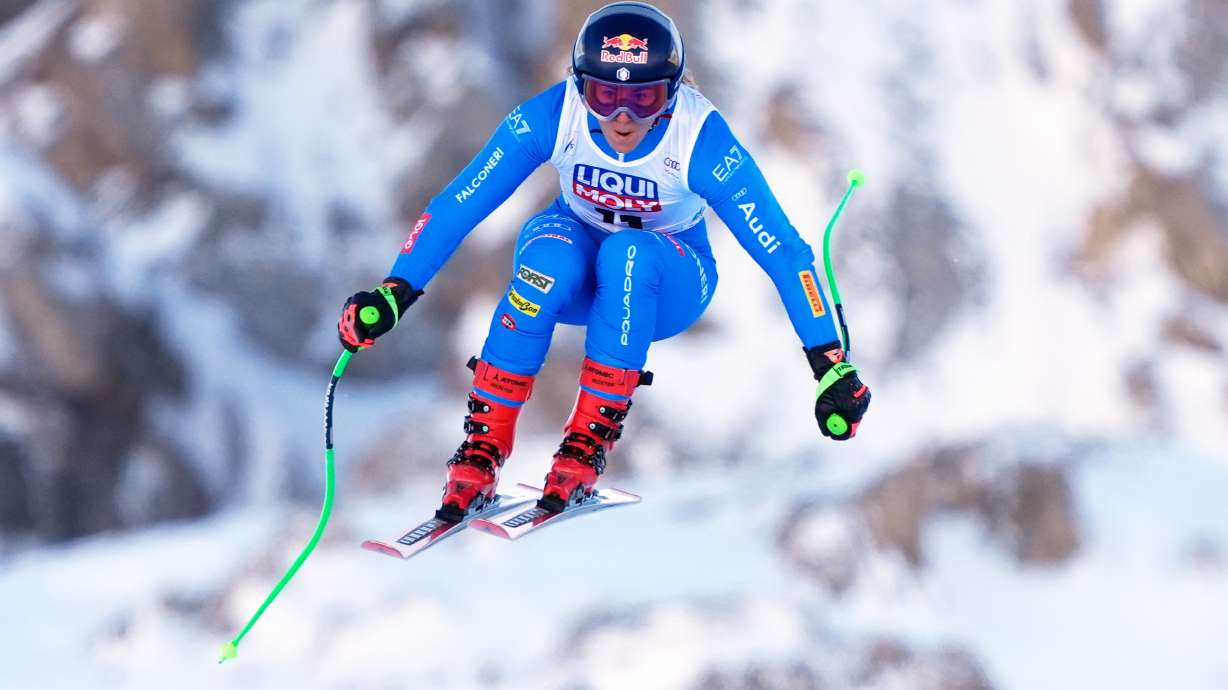 Italy's Sofia Goggia speeds down the course during an alpine ski, women's World Cup downhill training, in Val D'Isere, France, Friday, Dec.19, 2025.
