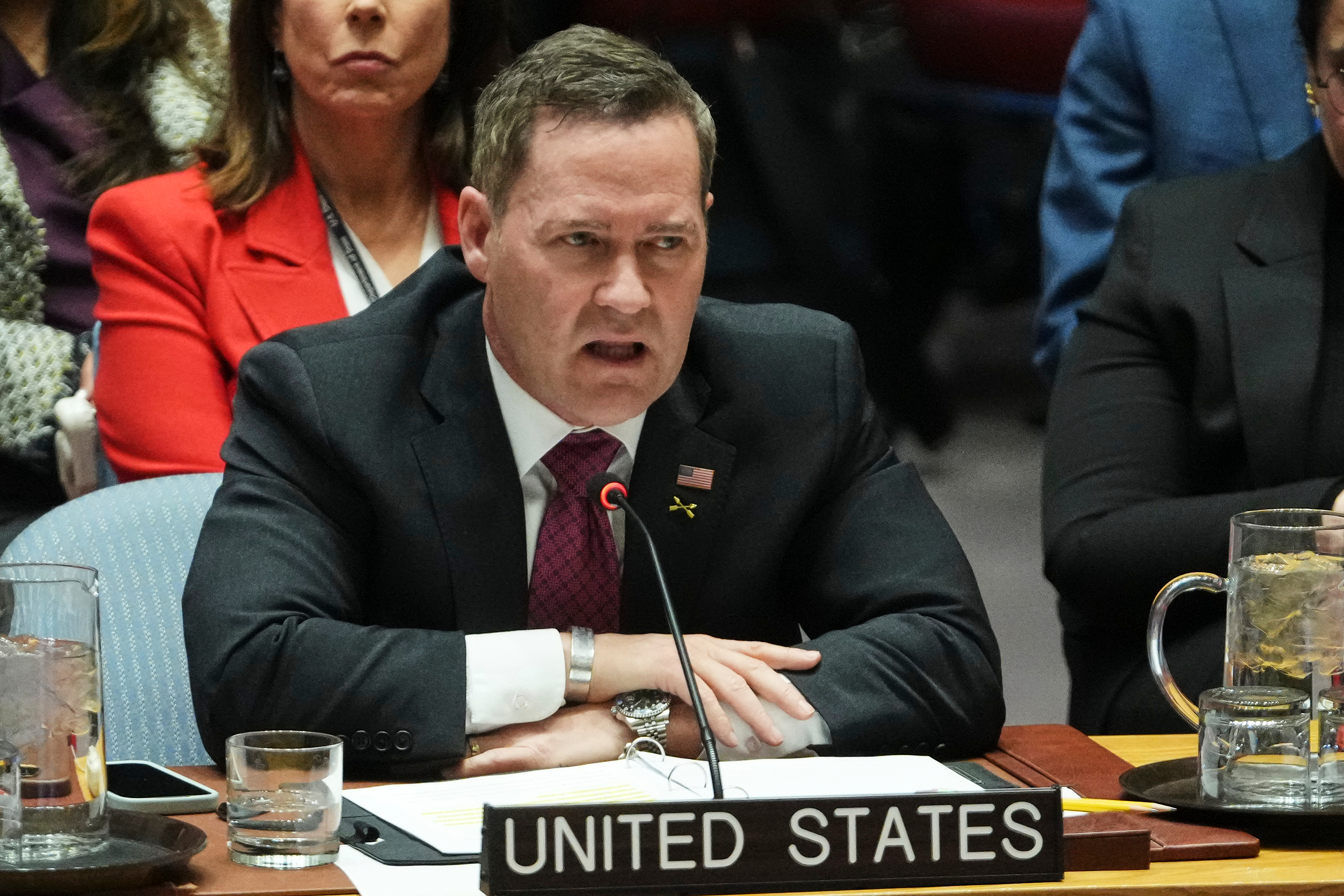 United States' Ambassador to the United Nations Michael Waltz addresses the Security Council, Jan. 5, at U.N. headquarters. Waltz and Iranian Ambassador Amir Saeid Iravani had a tense exchange over U.S.-Israeli strikes on Iran on Saturday.