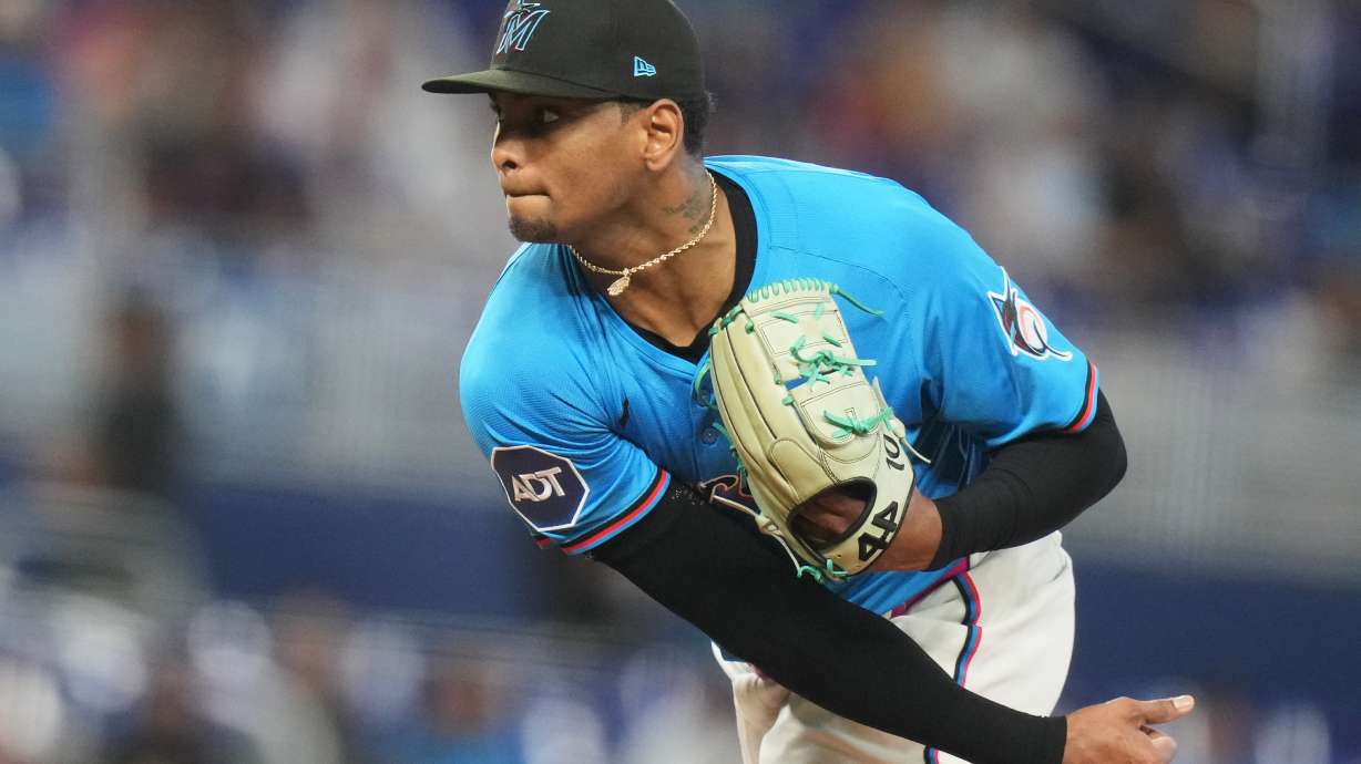 FILE - Miami Marlins starting pitcher Edward Cabrera follows through on a pitch during the first inning of a baseball game against the New York Mets, Sept. 28, 2025, in Miami.