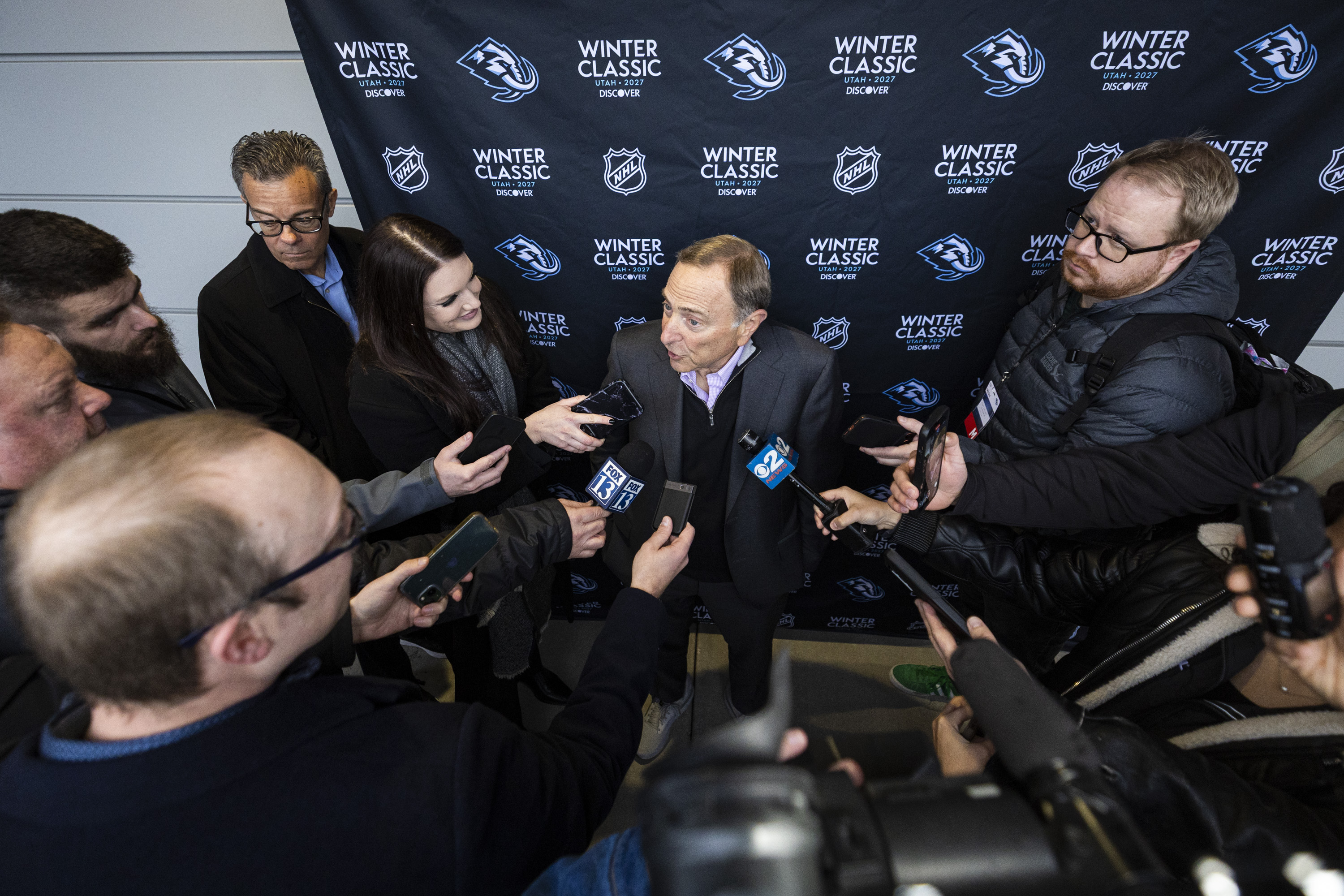 NHL Commissioner Gary Bettman answers questions from members of the media after a press conference held by the Utah Mammoth and National Hockey League at Rice-Eccles Stadium in Salt Lake City on Wednesday.