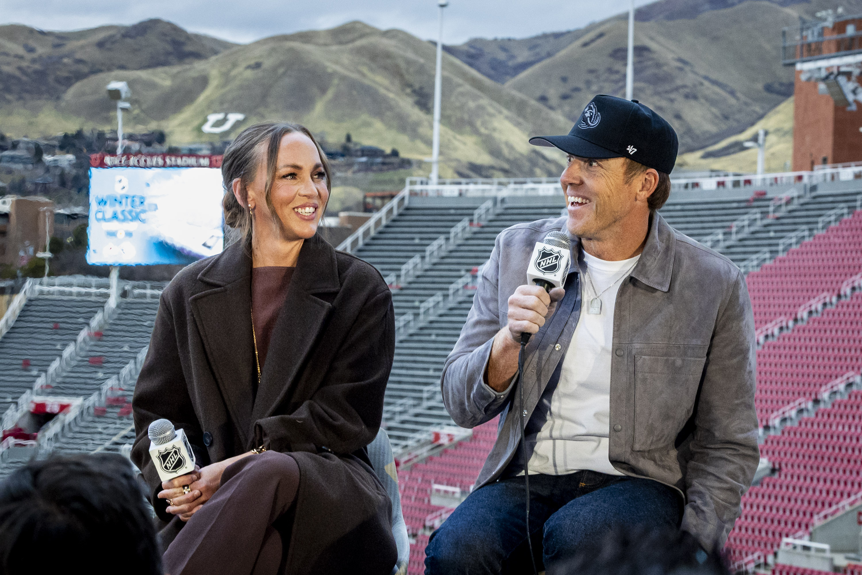 Ryan Smith speaks as he’s joined by his wife Ashley, both co-founders of Smith Entertainment Group and Utah Mammoth co-owners, speaks during a press conference held by the Utah Mammoth and National Hockey League at Rice-Eccles Stadium in Salt Lake City on Wednesday.