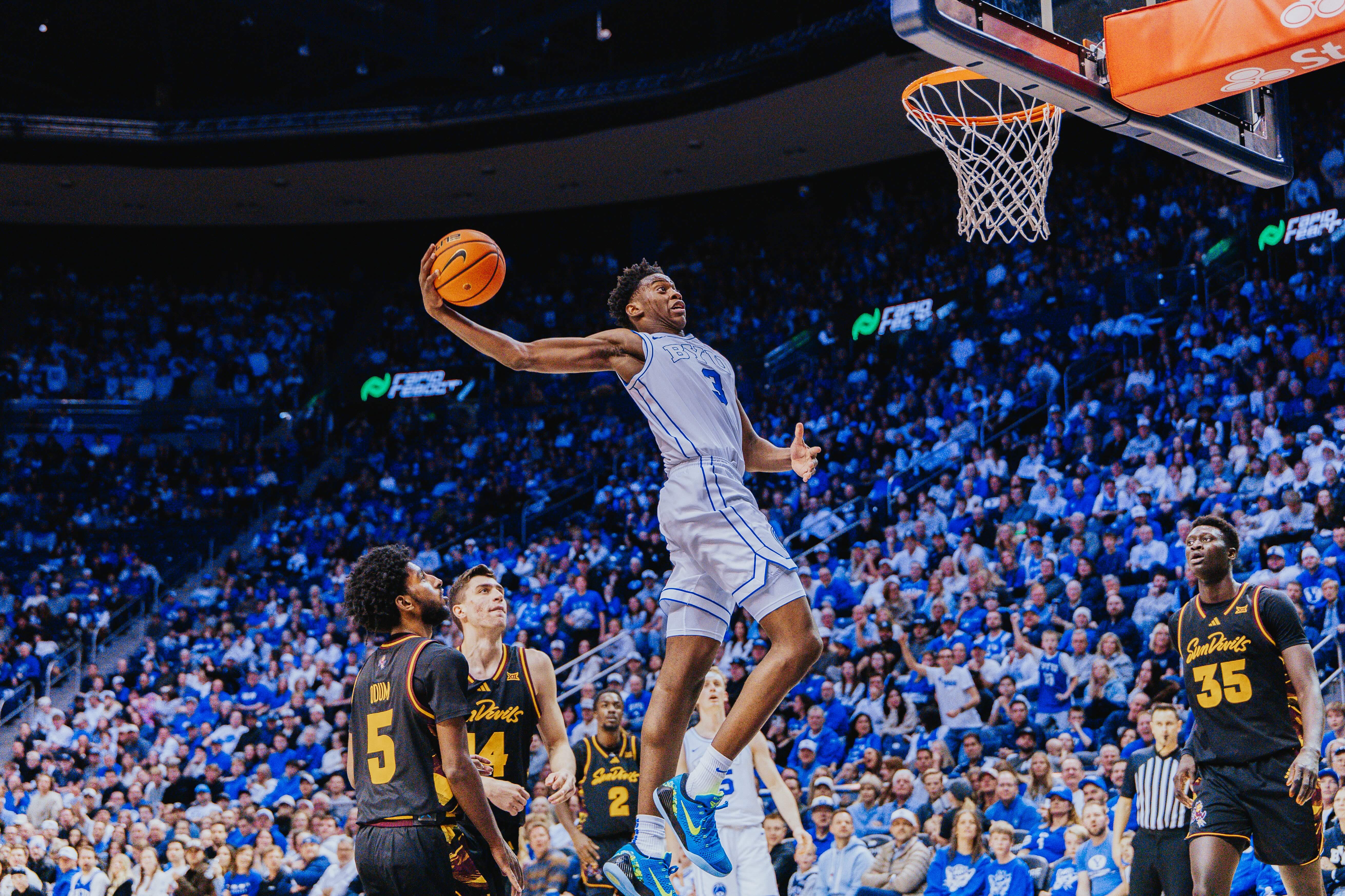 BYU's AJ Dybantsa throws down a dunk during a Big 12 men's basketball game against Arizona State, Wednesday, Jan. 7, 2025 at the Marriott Center in Provo, Utah.