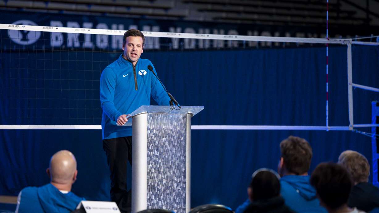 Rob Neilson is introduced as the seventh women's volleyball head coach in BYU history during a news conference, Thursday, Jan. 8, 2025 in the Smith Fieldhouse in Provo, Utah.