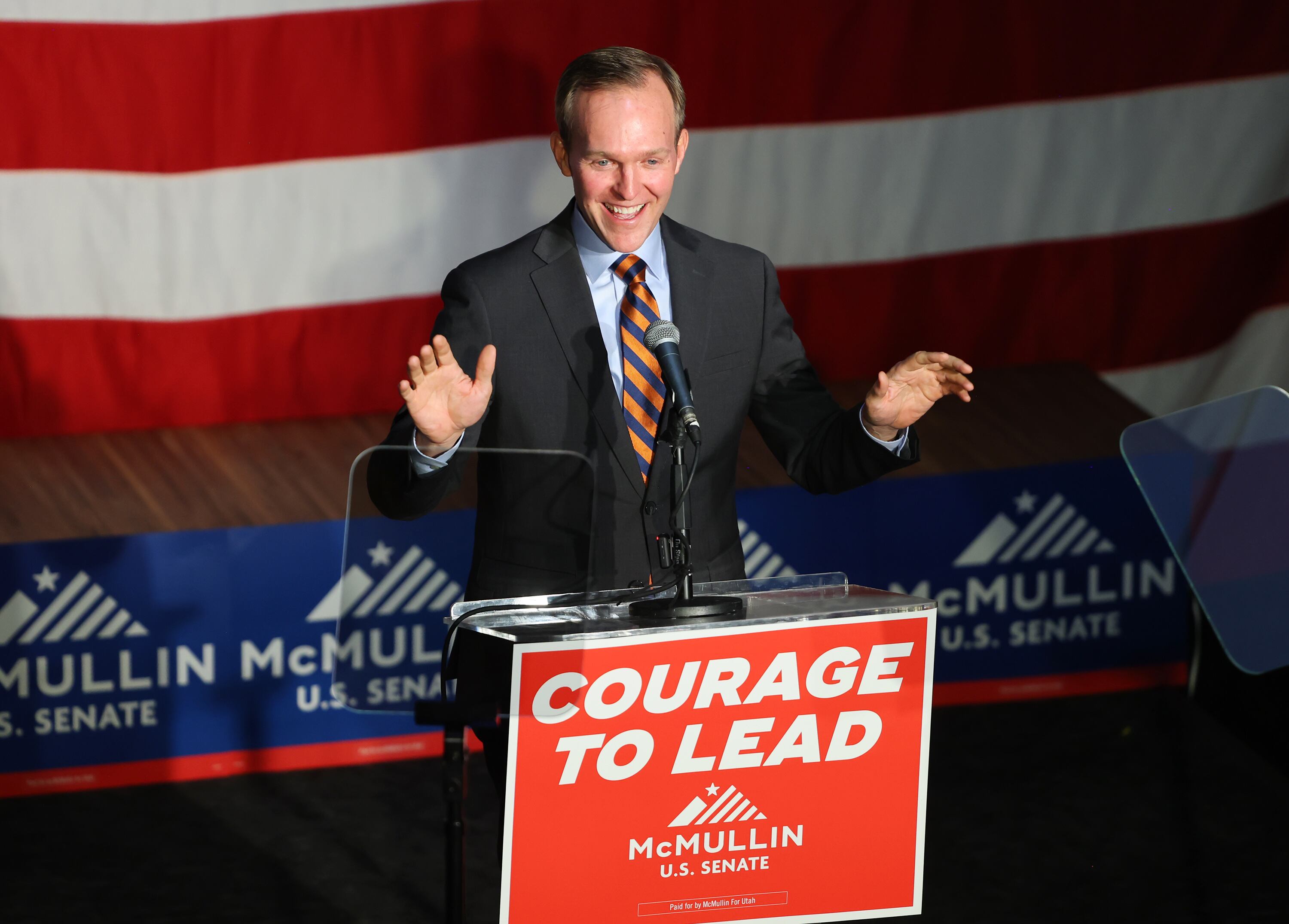 Ben McAdams, former U.S. representative, speaks in support of Senate candidate Evan McMullin at a rally of supporters in Salt Lake City on Sept. 7, 2022.