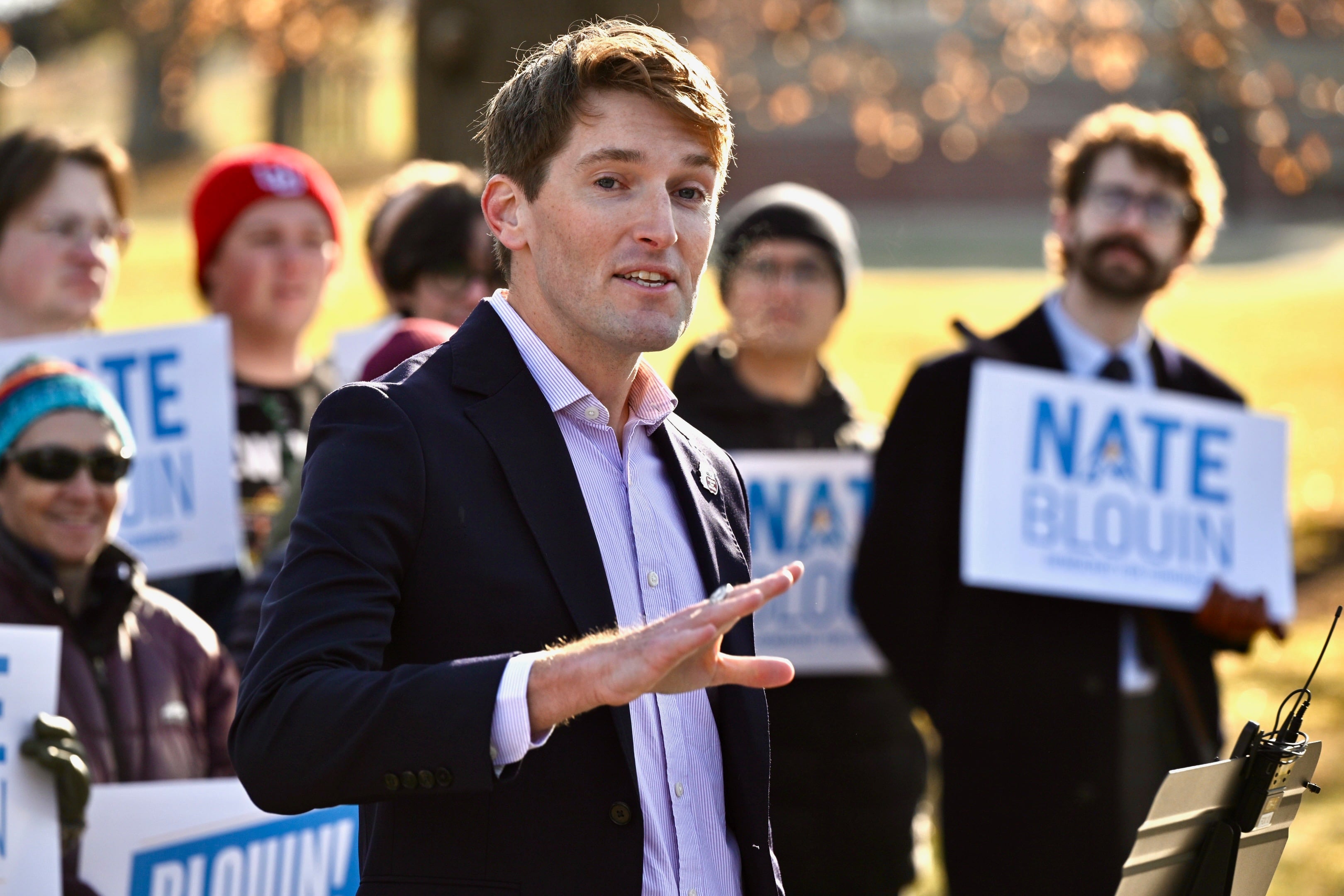State Sen. Nate Blouin, D-Salt Lake City, kicks off his campaign for Congress at the Fabian Lakeside Pavilion at Sugar House Park on Dec. 1, 2025.