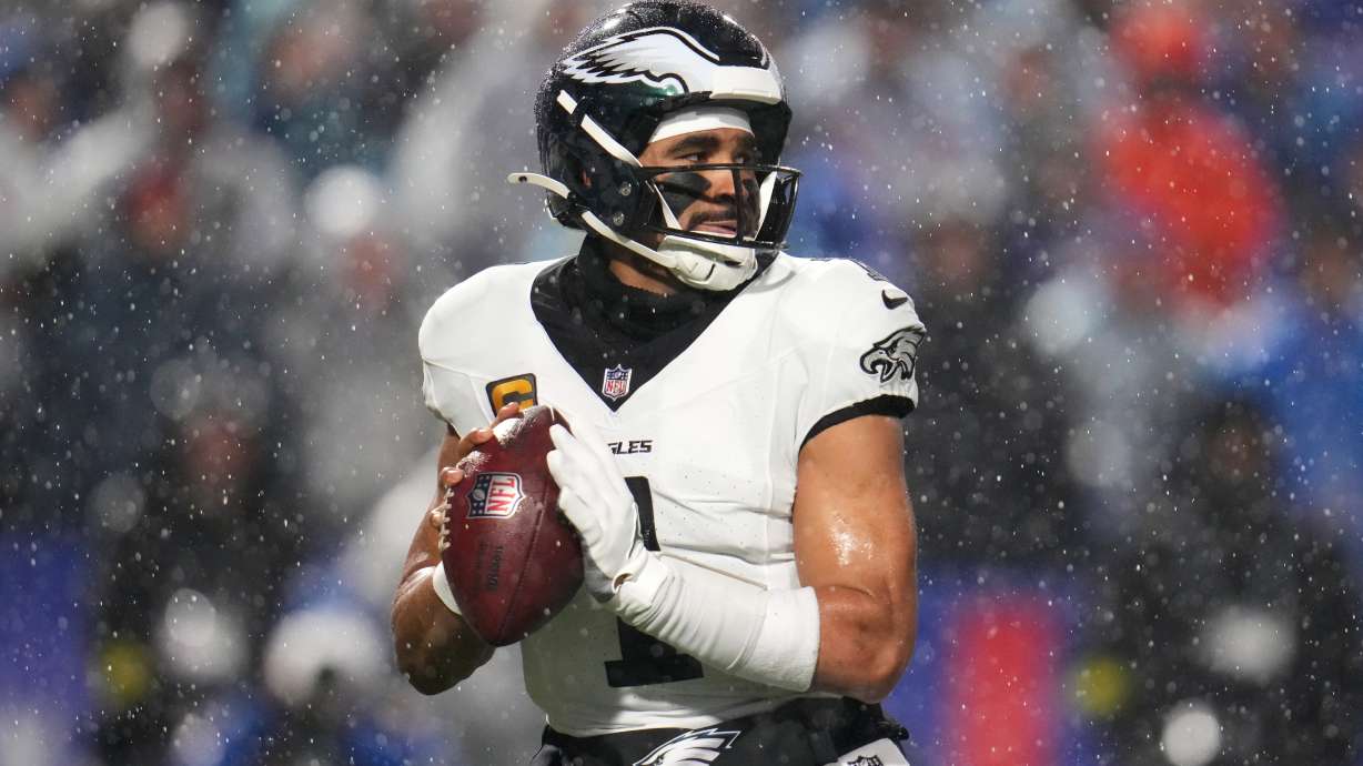 Philadelphia Eagles' Jalen Hurts passes during the second half of an NFL football game against the Buffalo Bills, Sunday, Dec. 28, 2025, in Buffalo, N.Y.