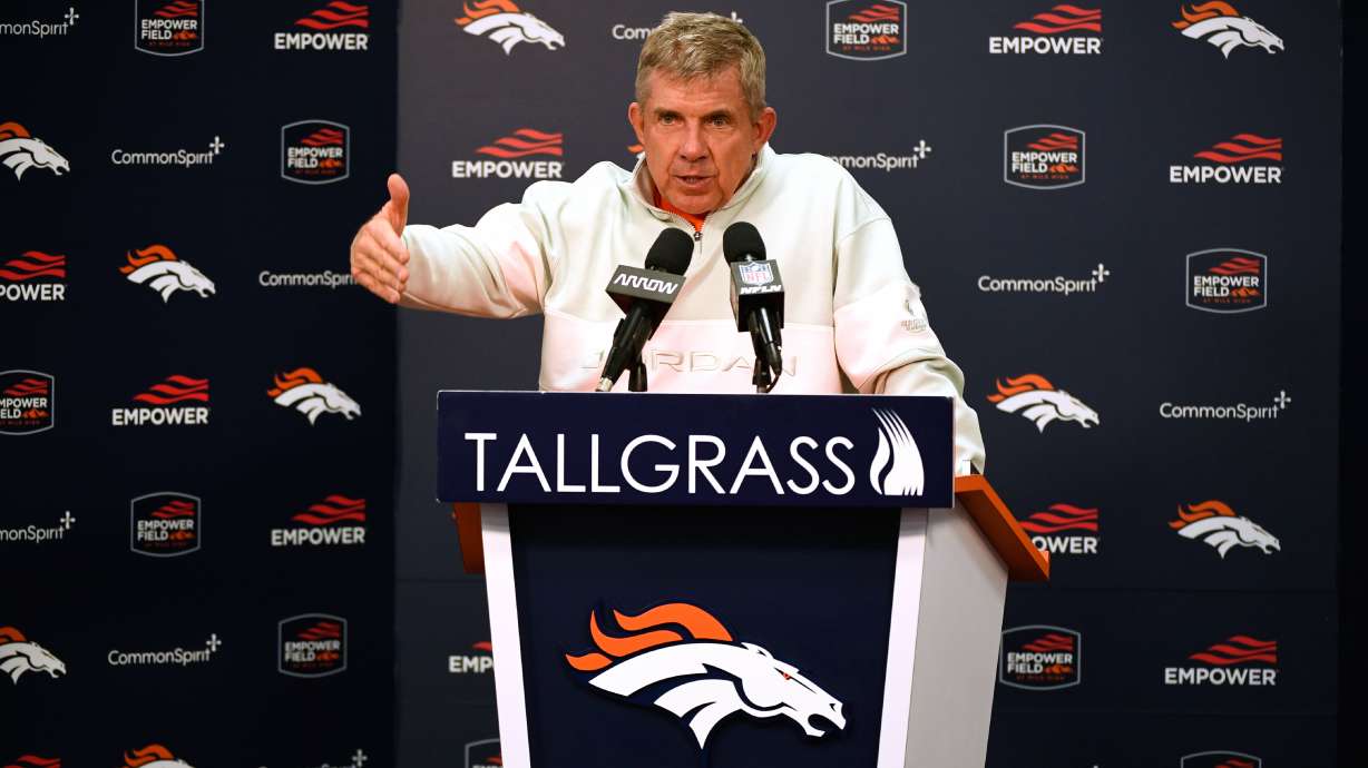 Denver Broncos head coach Sean Payton responds to a question during a news conference after an NFL football game, Sunday, Jan. 4, 2026, in Denver.