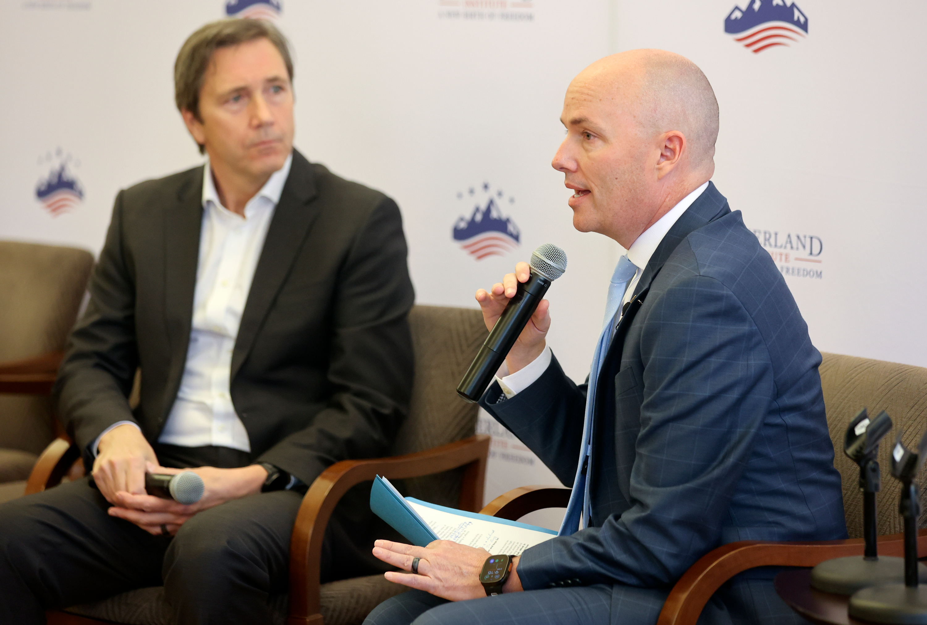 Richard Reeves, American Institute for Boys and Men president, and Gov. Spencer Cox have a conversation on health, vocation and purpose for men in America at the Men and Boys Well-being Symposium, hosted by the Sutherland Institute, at the Thomas S. Monson Center in Salt Lake City on Thursday. Cox said the line has been blurred between healthy and toxic masculinity.